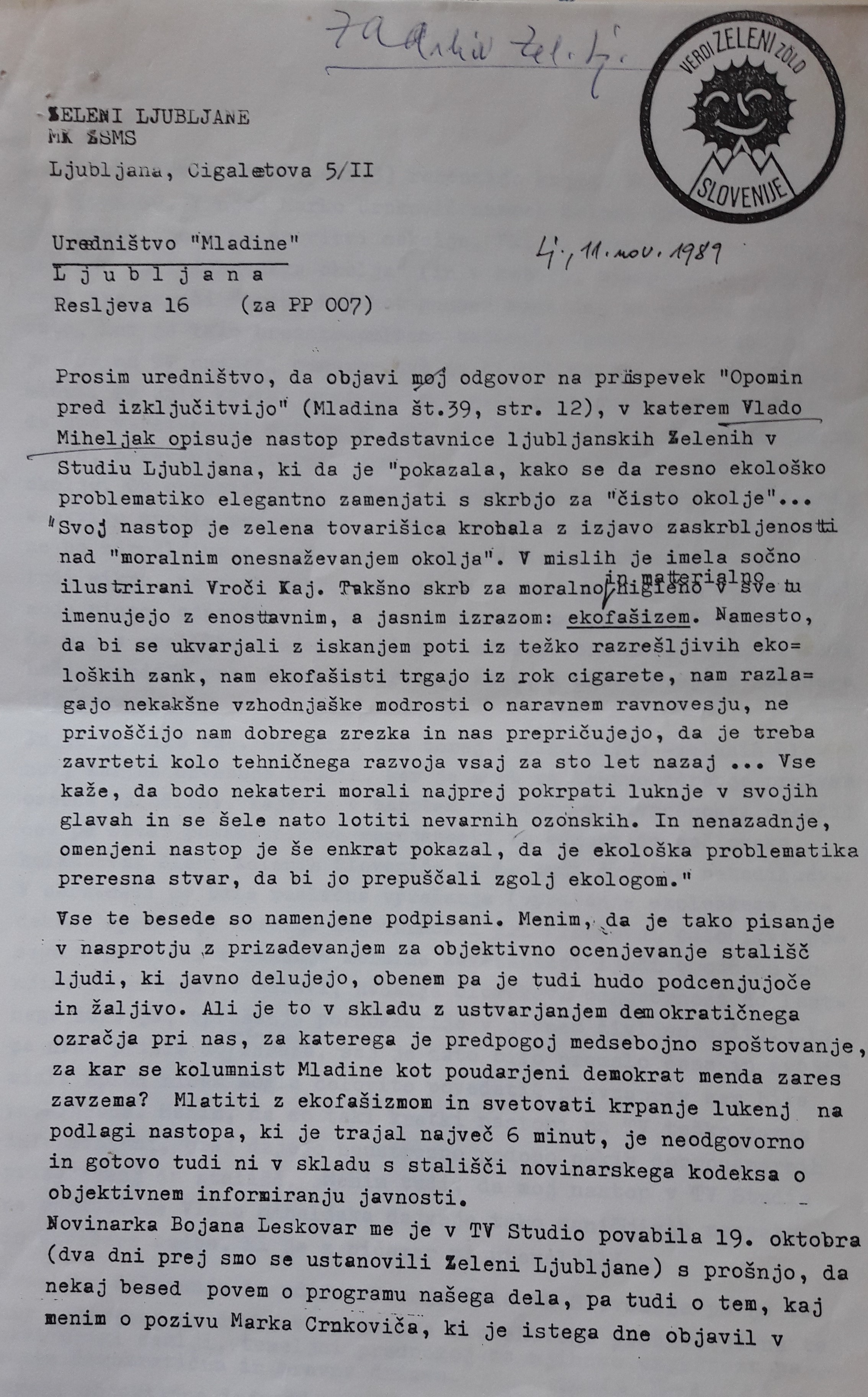 Letter from Alenka Bizjak to the editorial board of the magazine Mladina. 11 November 1989.