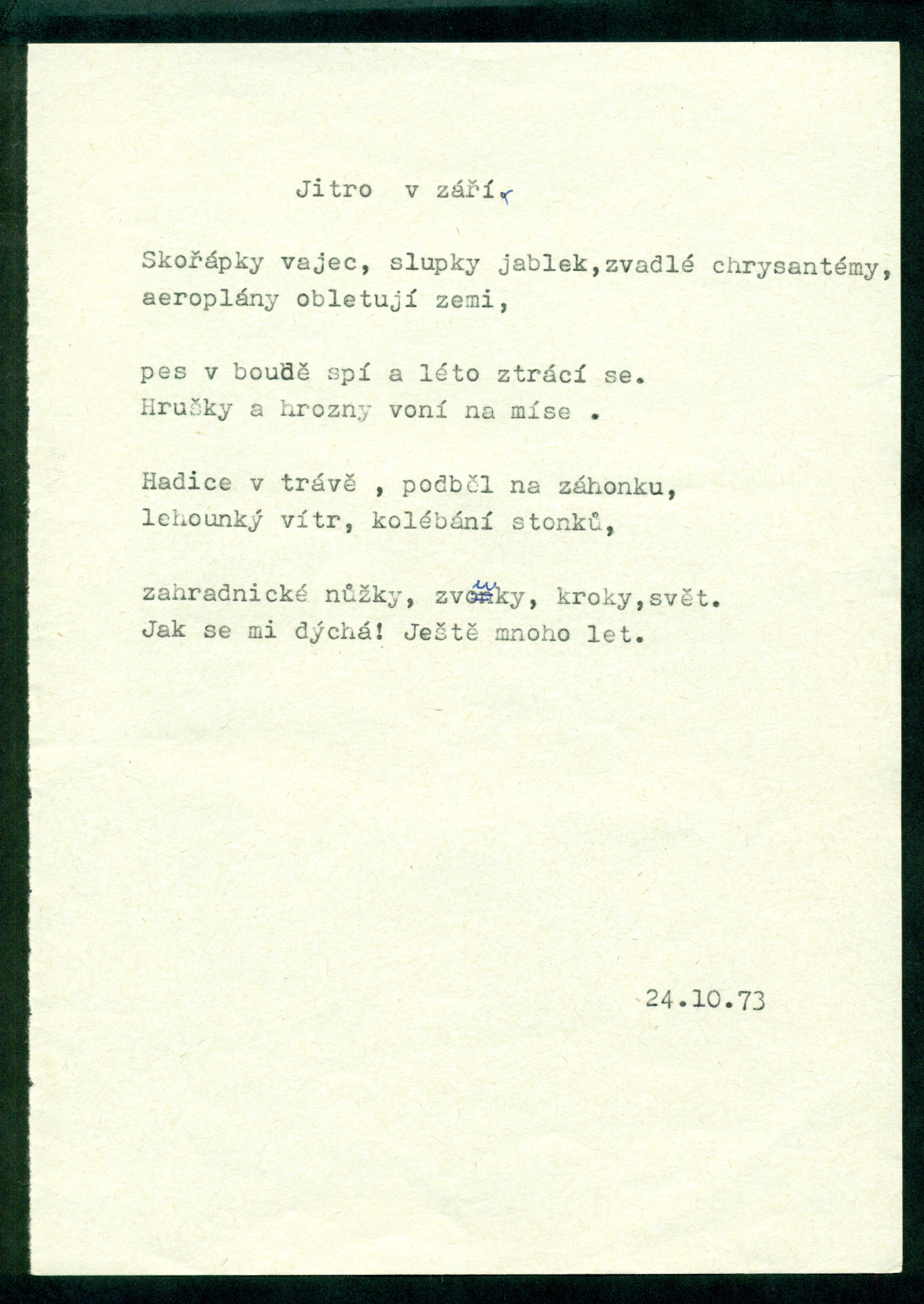 Blatný, Ivan. Old Addresses, in Czech, 1979. Typescript