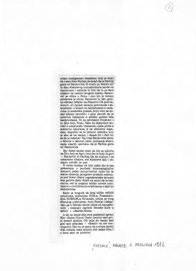 Public reaction of the film director Krsto Papić related to the news about the contestation of the screenplay My Uncle's Legacy (Vjesnik, 1 December 1986). 