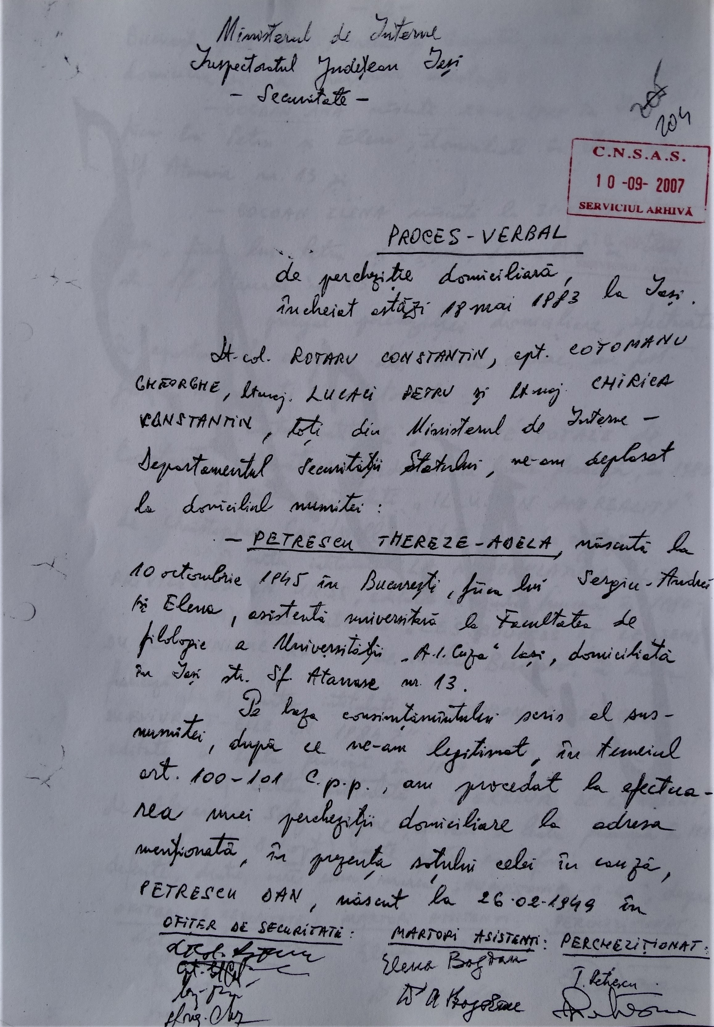 Copie a primei pagini a procesului verbal de percheziție domiciliară a locuinței familiei Dan Petrescu & Thérèse Culianu-Petrescu, 18 mai 1983