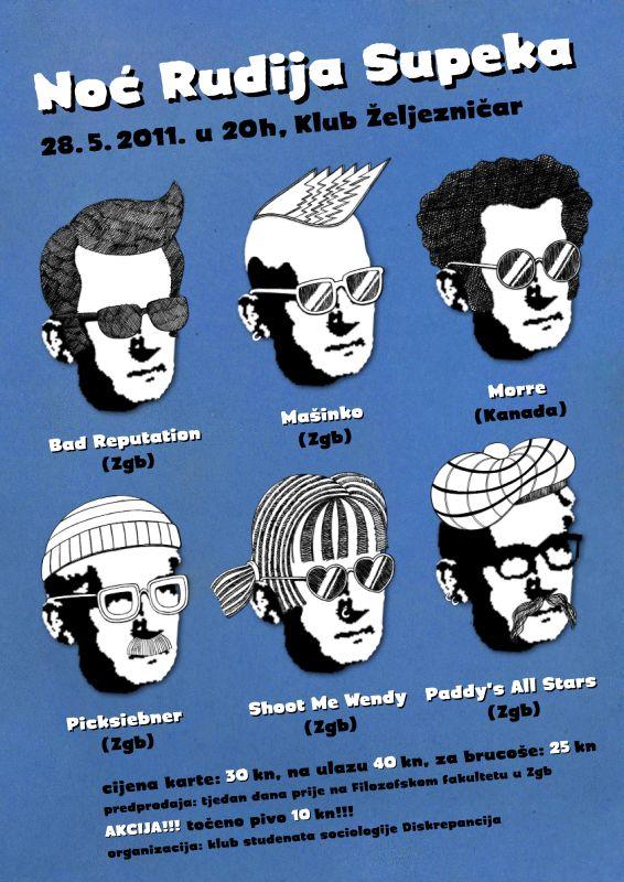 Poster of the freshmen party of sociology students at the Faculty of Humanities and Social Sciences in Zagreb, with multiple portraits of Supek and the title “Rudi Supek Night” (2011).