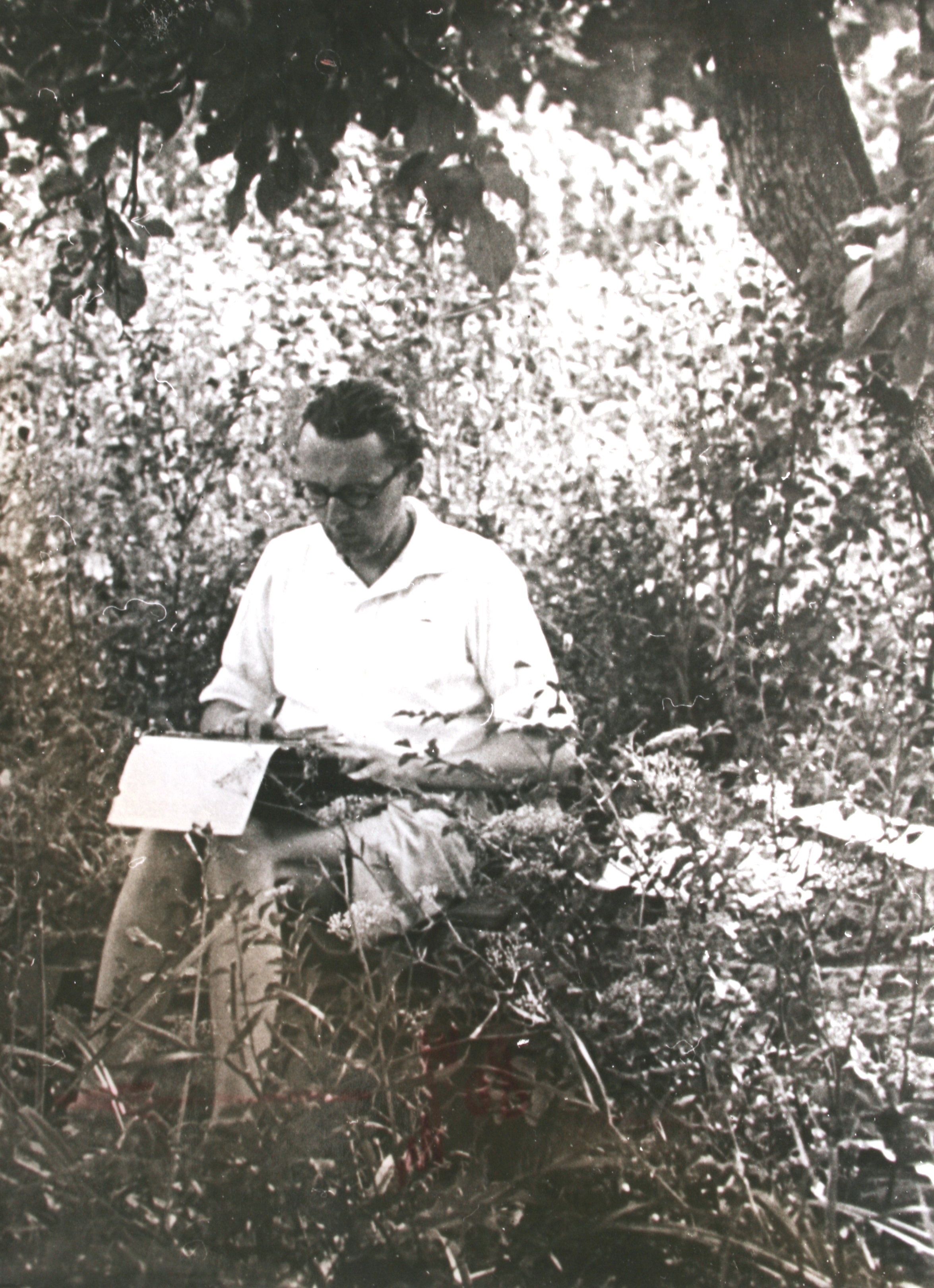 István Bibó typing in the garden of Leányfalu, second half of the 1940s