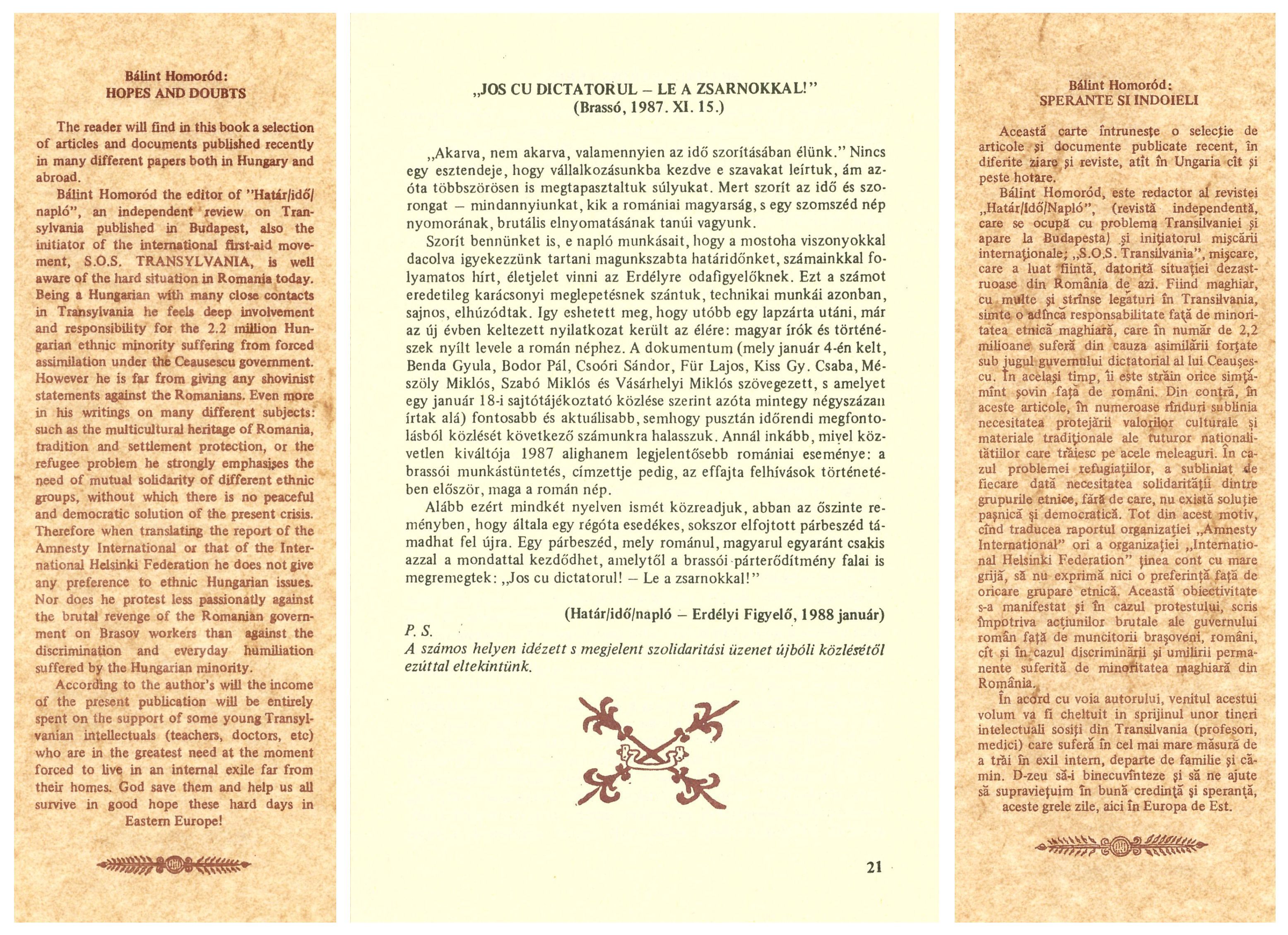 One page of the book Hopes and Doubts with a call for solidarity with the Brassov workers revolted against Ceausescu's regime in mid-November 1987 together with the English (left side) and the Romanian (right side) summaries of the samizdat book.