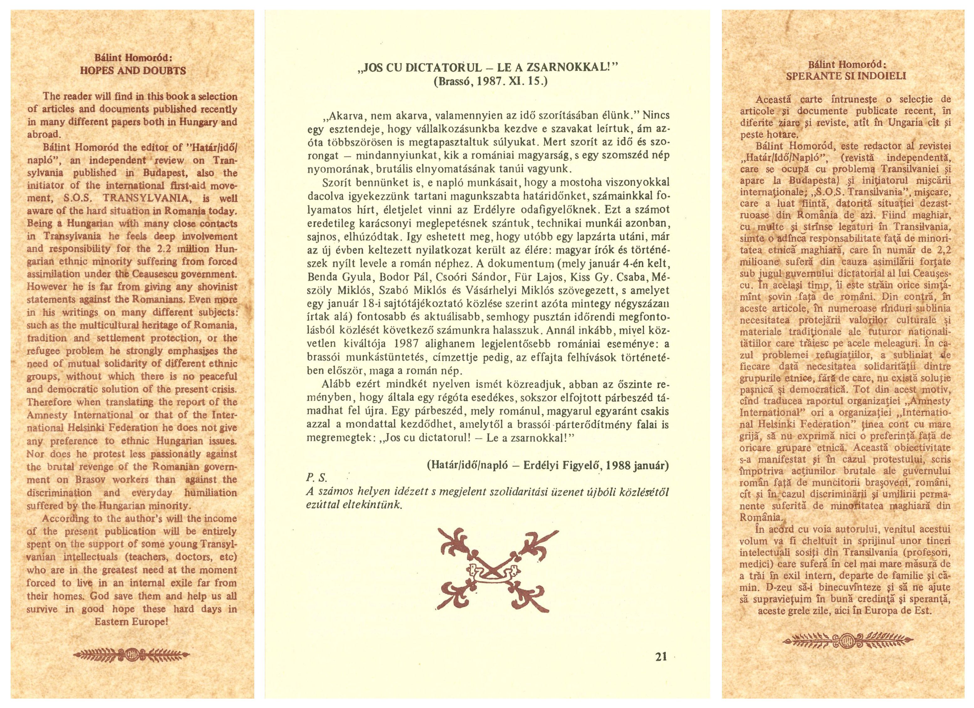 A könyv egy lapja, amely a kommunista diktatúra ellen 1987 őszén felkelt brassói munkások melletti szolidaritásra hív fel - jobb és bal felől a szamizdat kiadvány angol és román nyelvű ismertetőjével.