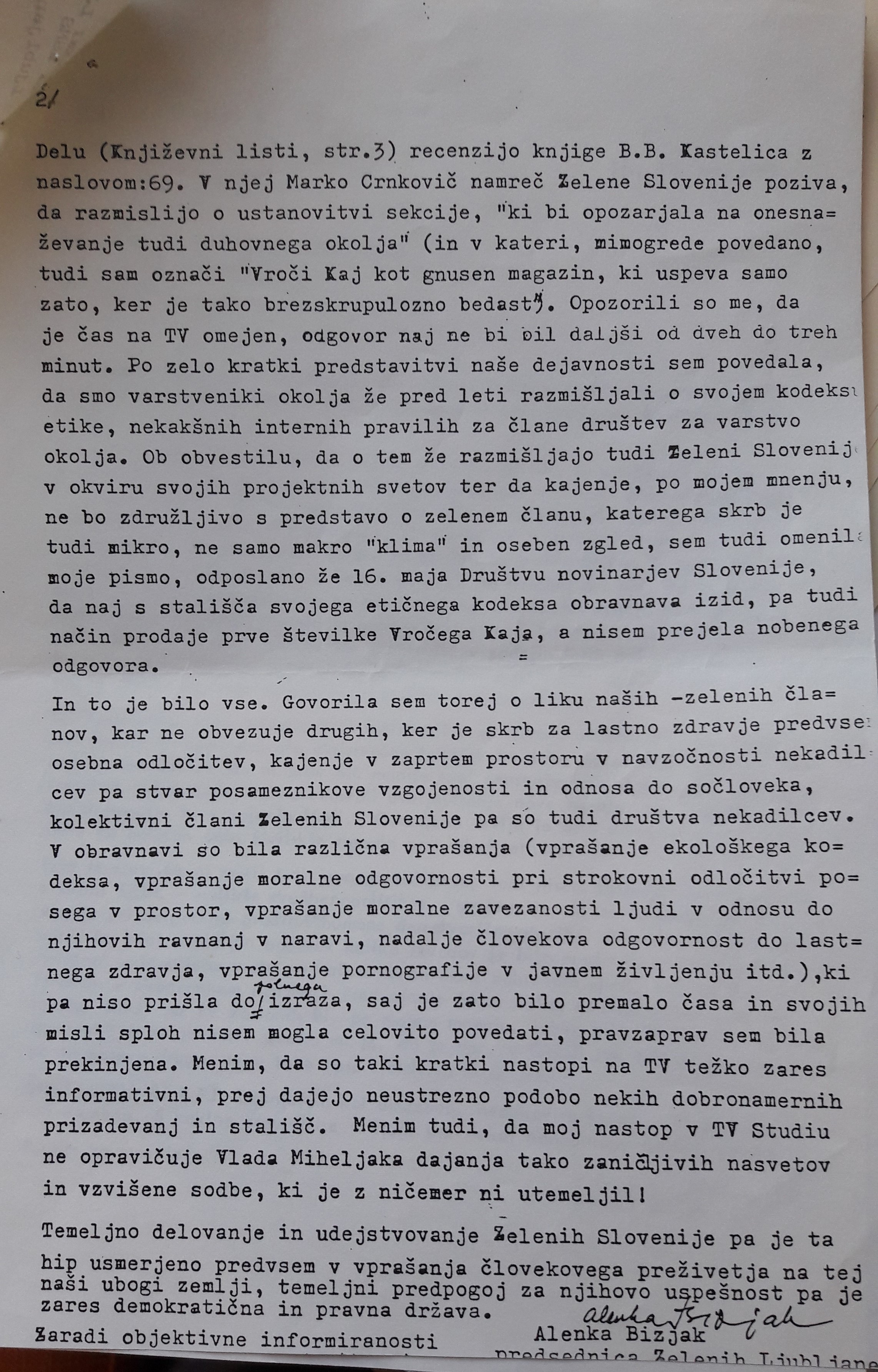 Letter from Alenka Bizjak to the editorial board of Mladina magazine. 11 November 1989. 