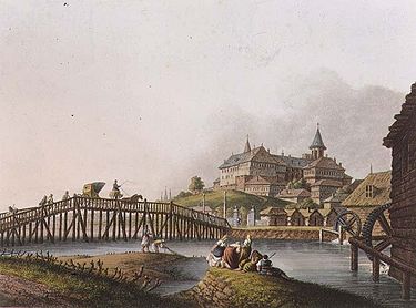 Podul peste Dâmbovița ducând la Mănăstirea Mihai Vodă și la noua Curte domnească (William Watts, după desenul din 1793 al lui Luigi Mayer)