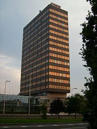 Vjesnik skyscraper, Zagreb, Slavonian Avenue No. 4, built in 1972. Vjesnik Newspaper Documentation there was located until 2007, whereupon was incorporated into the Croatian news agency HINA.