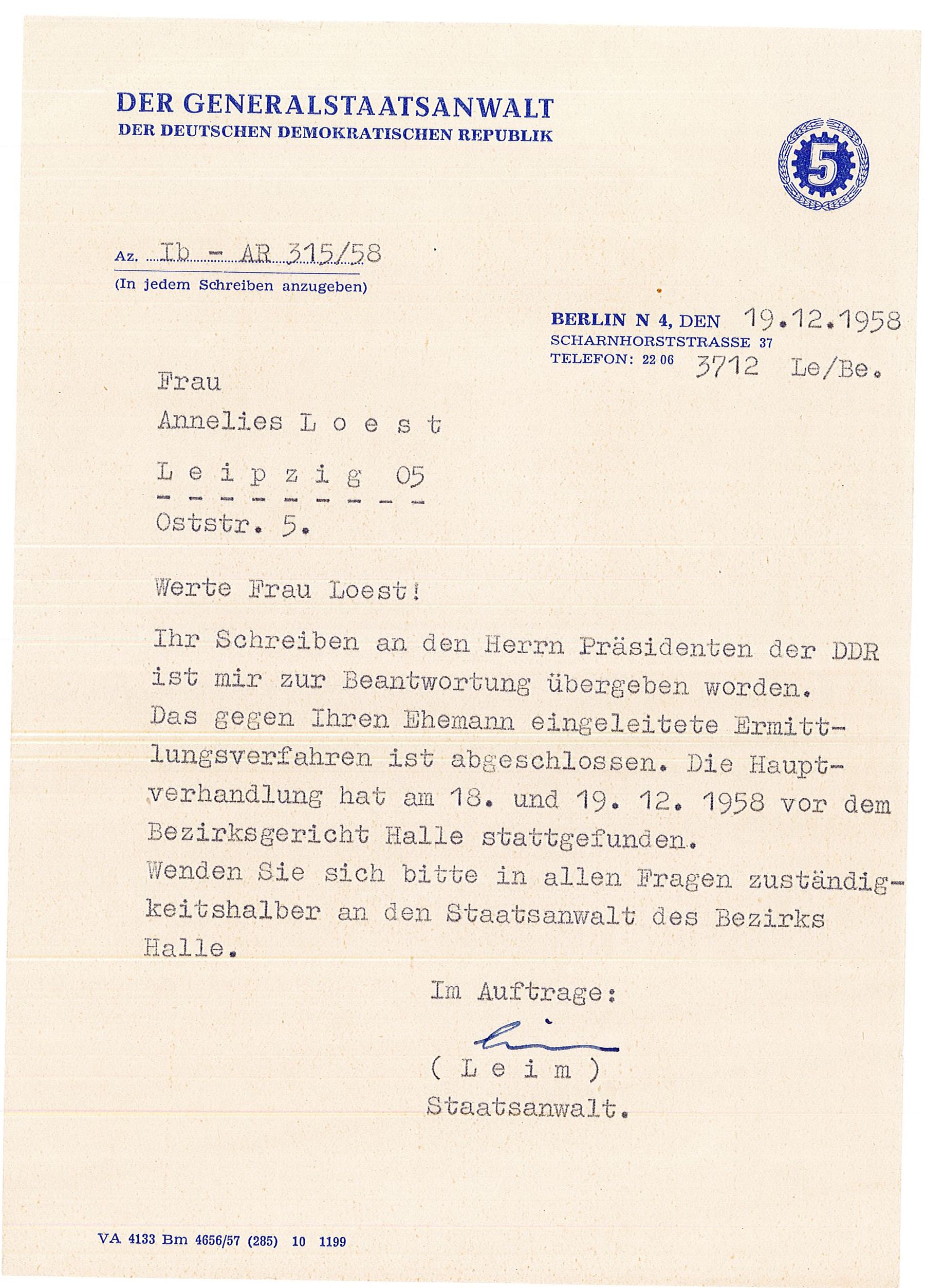 Brief des Generalstaatsanwalts an Annelies Loest (1958)