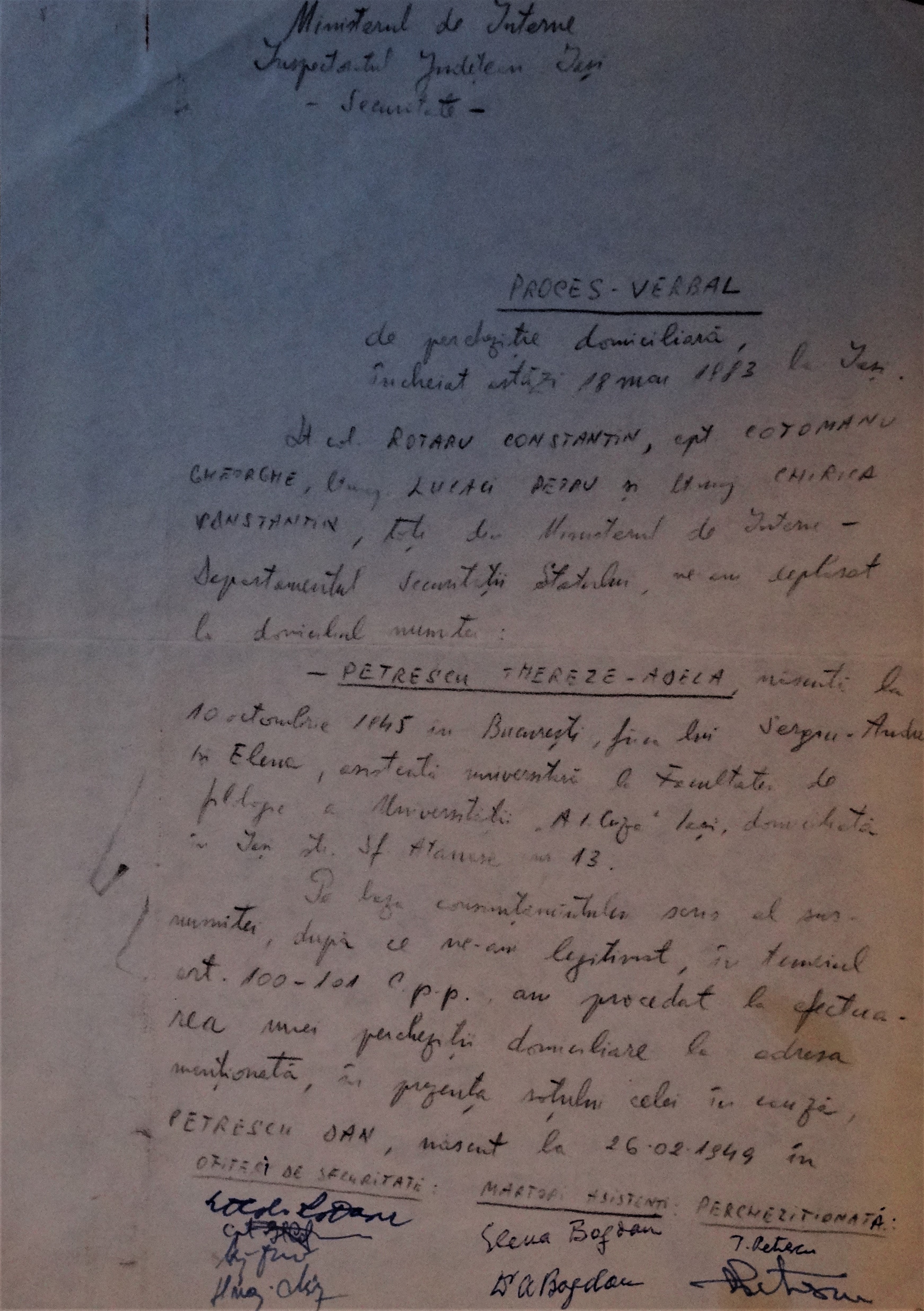 Original of the first page of the house search report of the residence of Dan Petrescu & Thérèse Culianu-Petrescu family, 18 May 1983