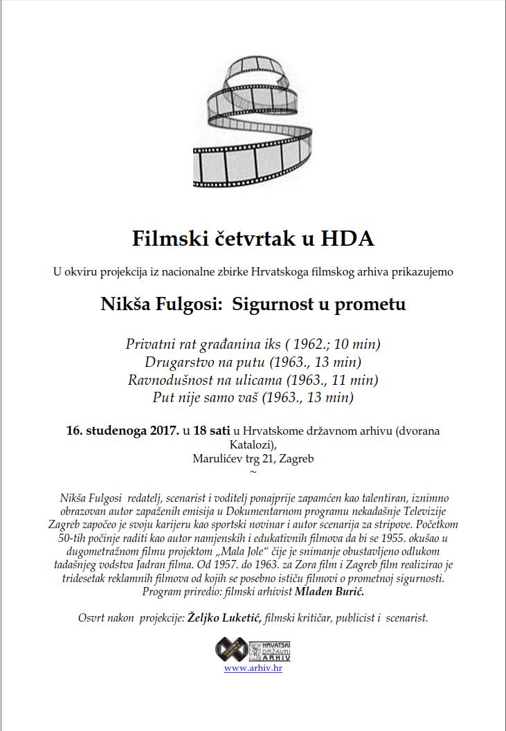 Poster Filmskoga četvrtka u HDA-u posvećen filmu Nikše Fulgosija.