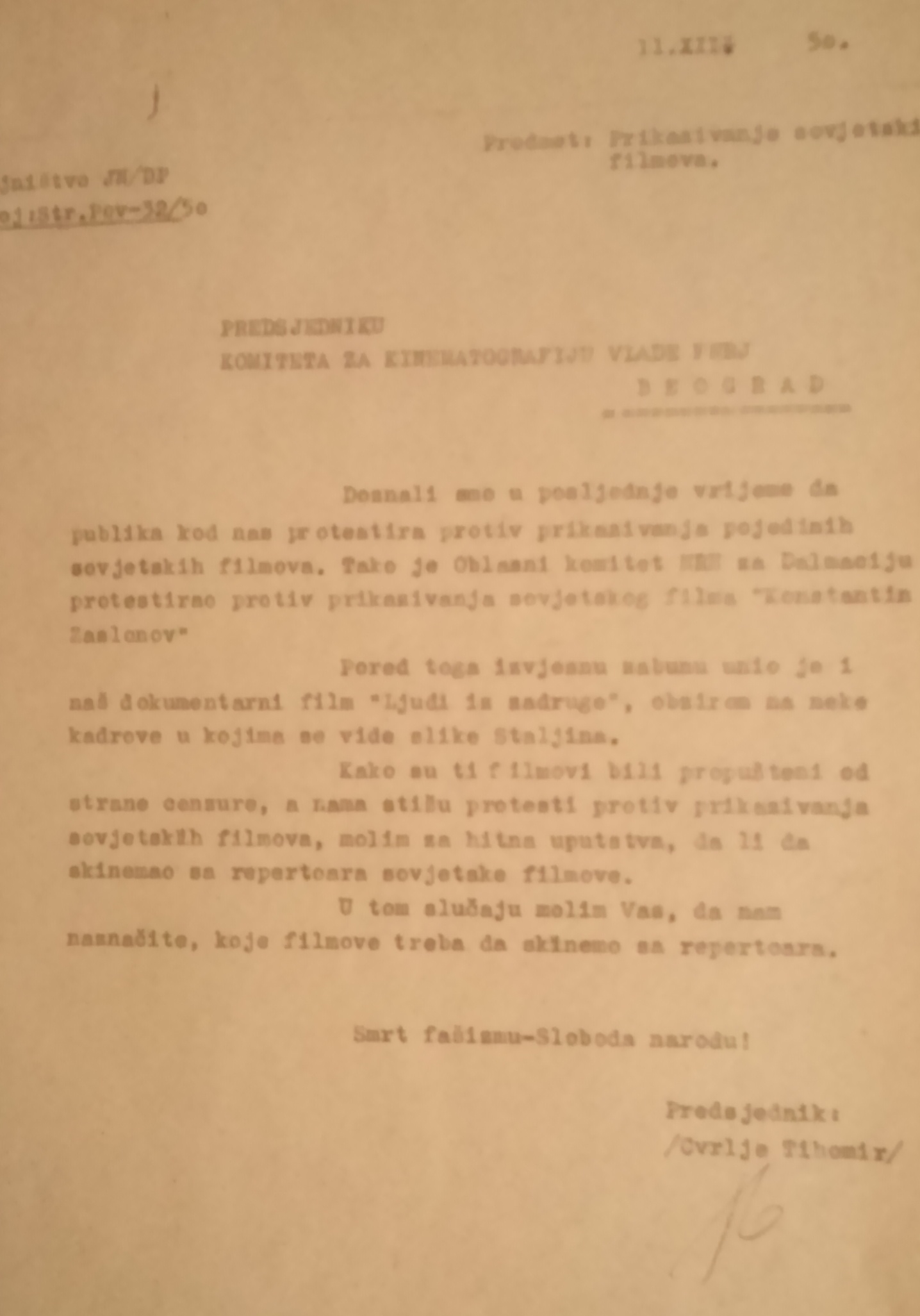 Zahtjev za uputom u vezi s prikazivanjem sovjetskih filmova u hrvatskim kinima. 11. prosinca 1950. Arhivski dokument.