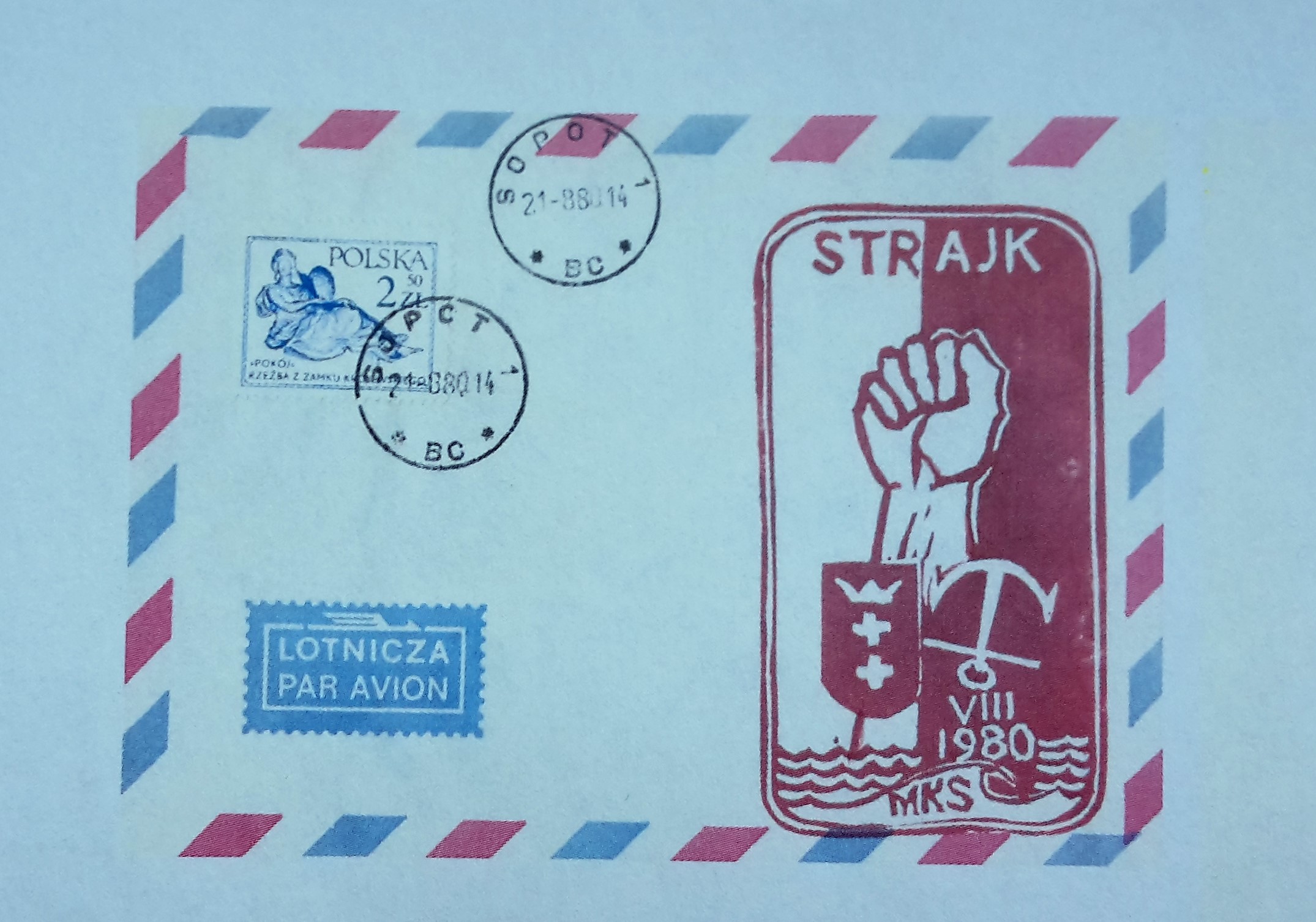 Envelope with a copy of the stamp created by Józef Figiela during the strikes in August 1980 in the Gdansk Shipyard.