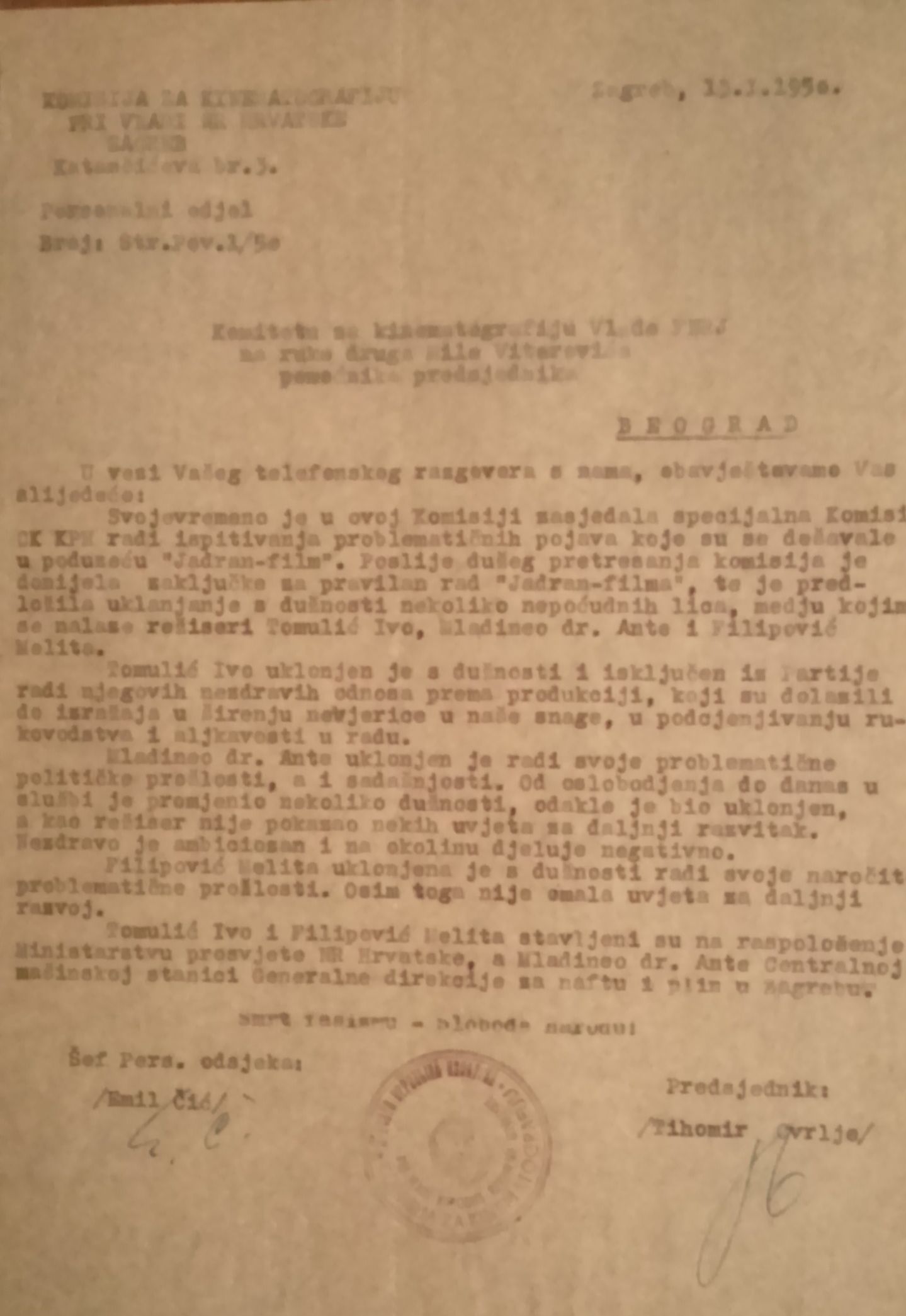 Obavijest o kontroli poslovanja poduzeća Jadran film. 13. siječnja 1950. Arhivski dokument.