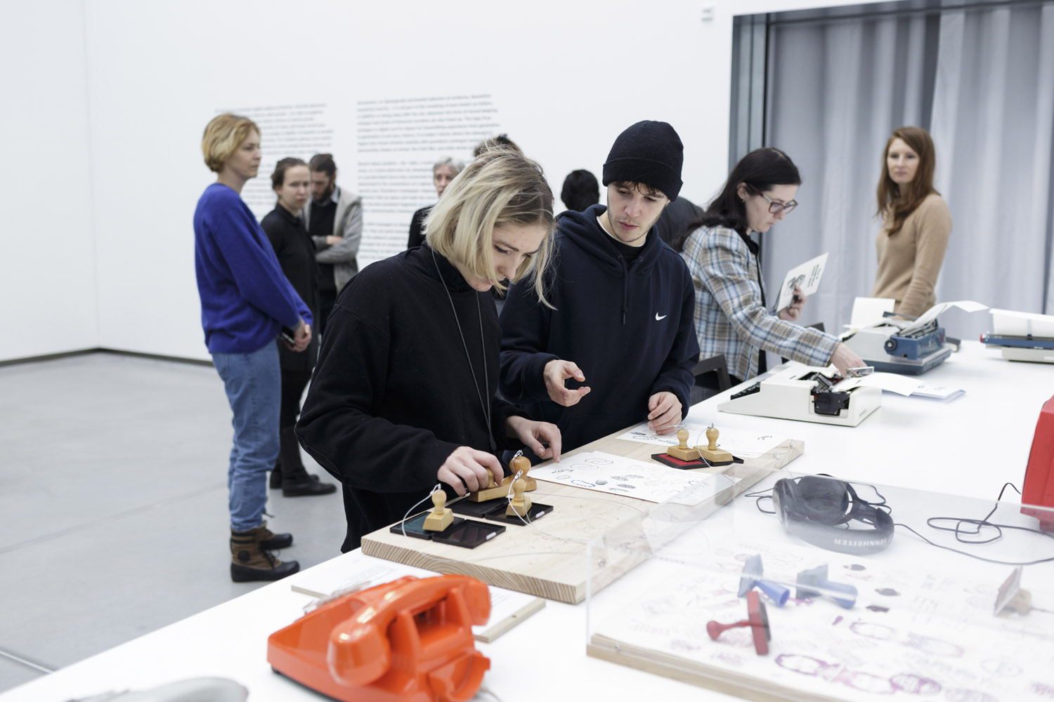 Rubber-stamping at the exhibition 'YOU’VE GOT 1243 UNREAD MESSAGES. The Last Generation Before the Internet' (Latvian National Museum of Art, Riga, 2017) with replicas of the original rubber stamps used at Artpool's Everybody with Anybody event http://cultural-opposition.eu/courage/display/n82230 (Young Artits' Club, Budapest, 1982)