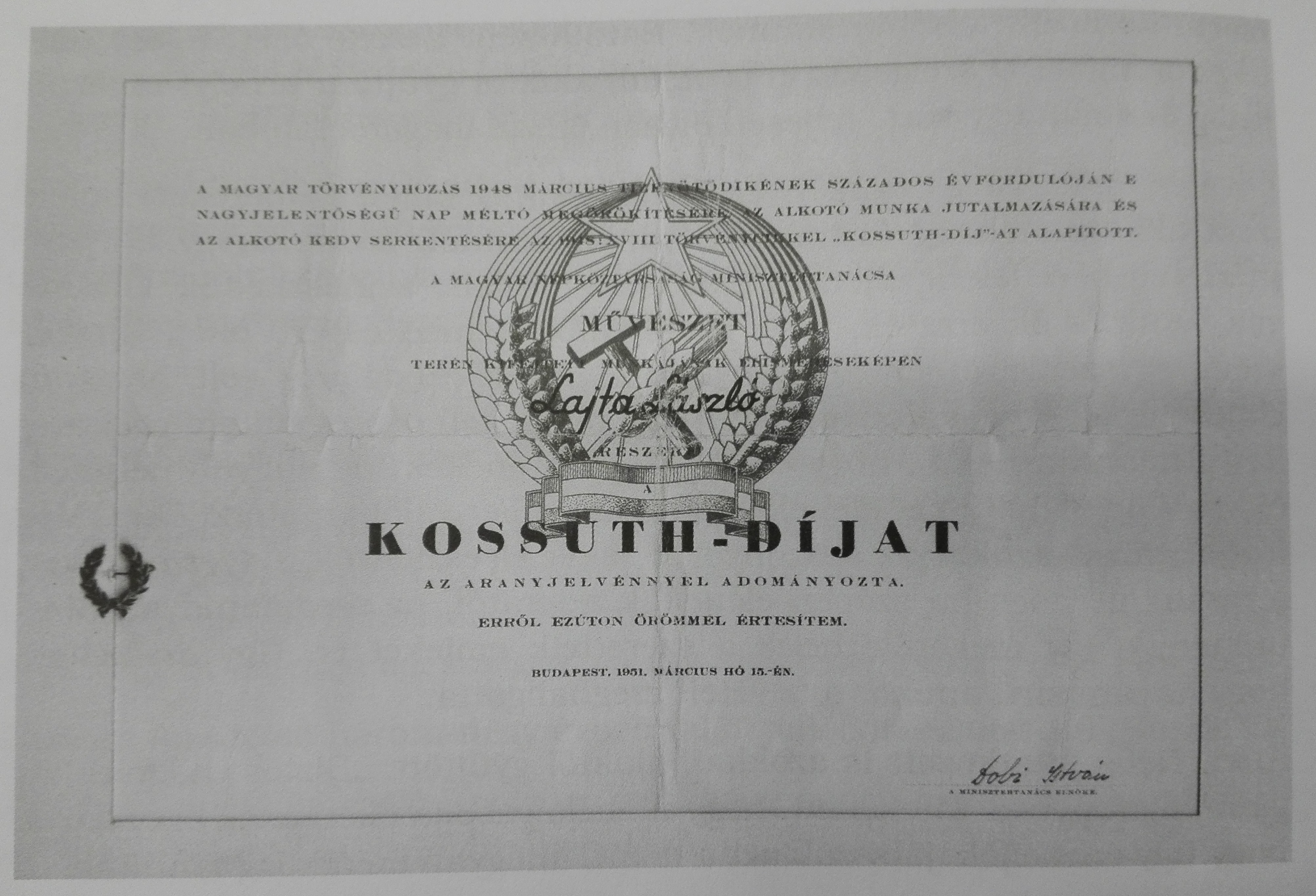 Kossuth Prize of Lajtha, László