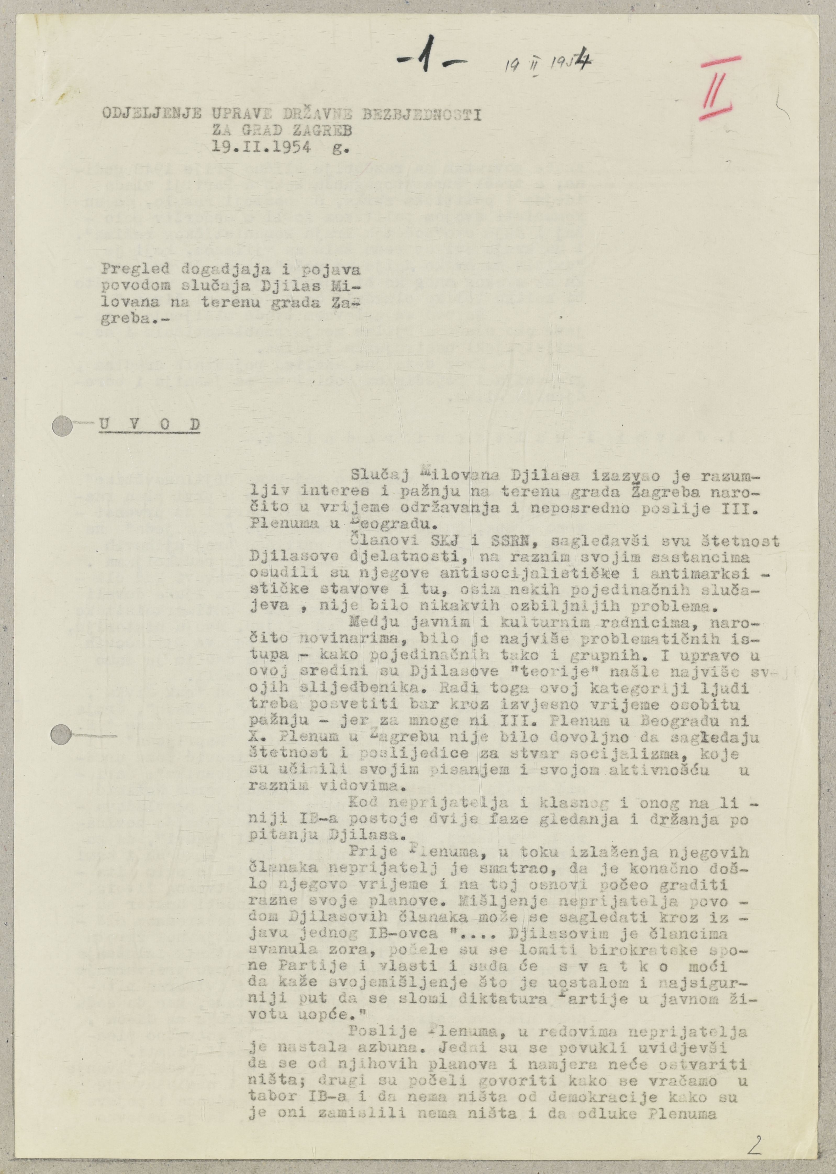 Izvještaj Službe državne sigurnosti za grad Zagreb o odjecima slučaja Đilas u Hrvatskoj. 19. veljače 1954. Arhivski dokument.