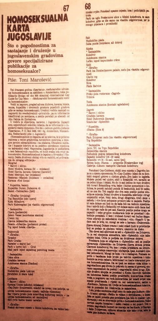 Homoseksualna karta Jugoslavije članak Tonija Maroševića o sastajalištima gej muškaraca 1980-ih, magazin Start, proljeće 1986. (Kopija iz ostavštine T. Maroševića).