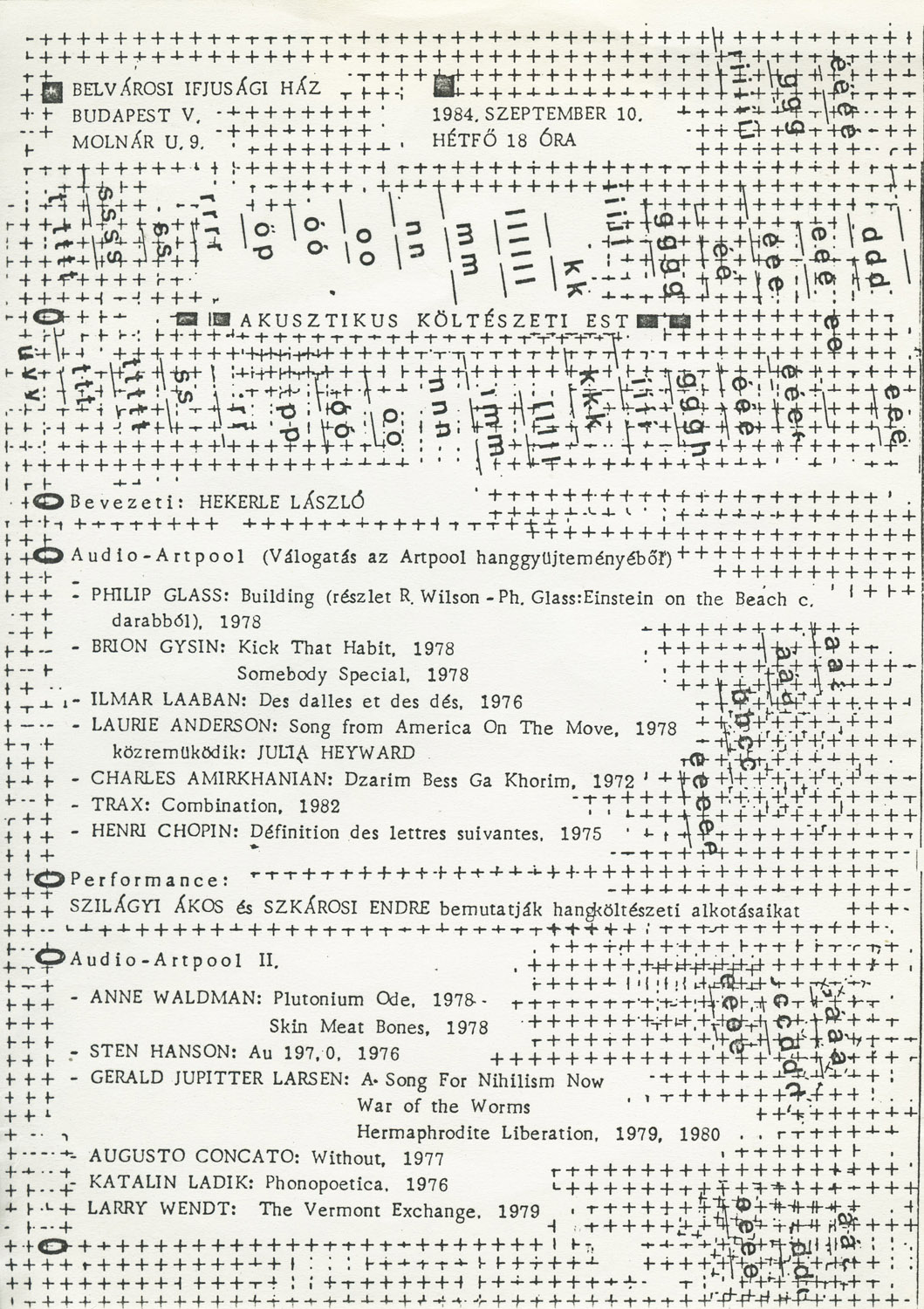 Program of the Sound Poetry Evening organized by Artpool at Maria Festival, Belvárosi Ifjúsági Ház, 1984