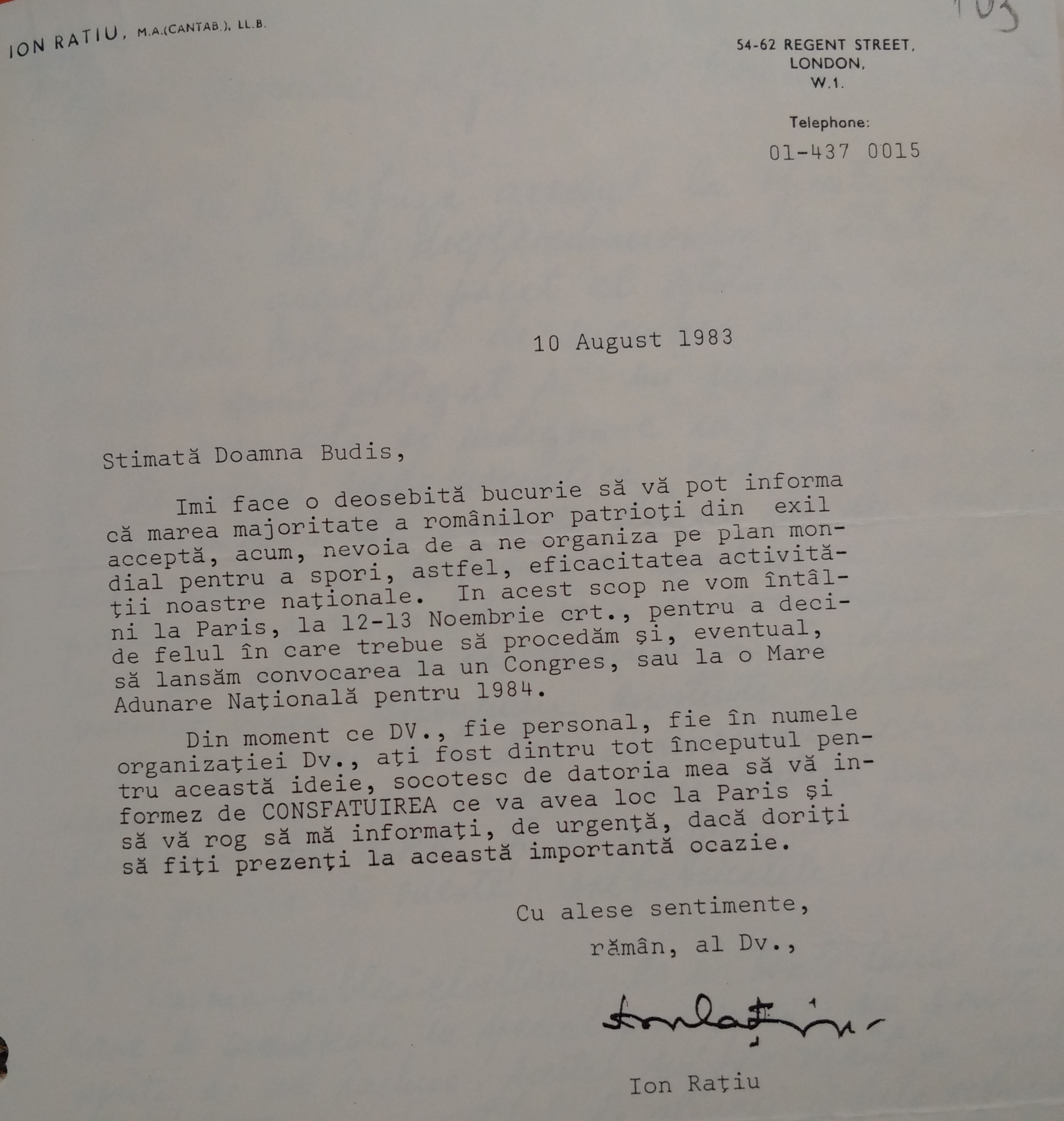 Invitație de la Ion Rațiu către Sanda Budiș pentru Primul Congres al Românilor Liberi, 10 august 1984