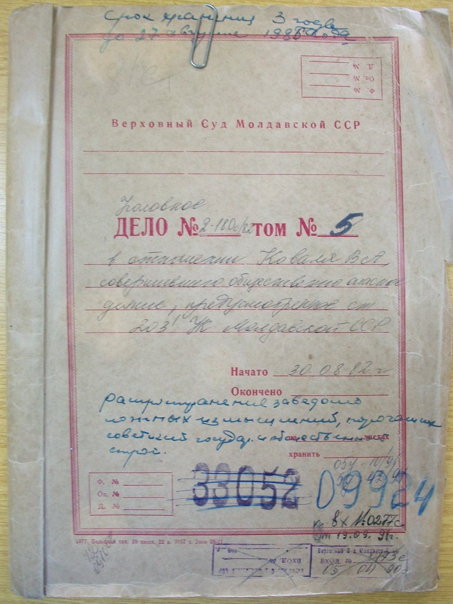 Front cover of the fifth volume of Viktor Koval's KGB file, 1982. 