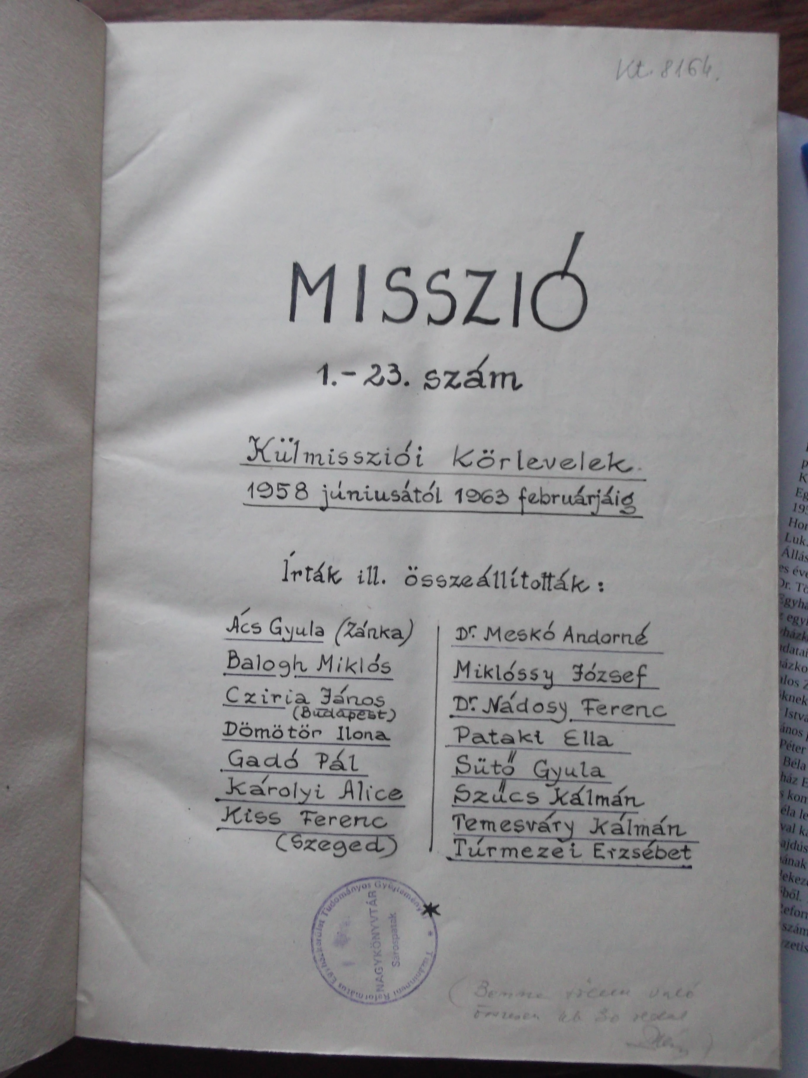 A 'Misszió' című szamizdat lap bekötött számainak címlapja, 1963.