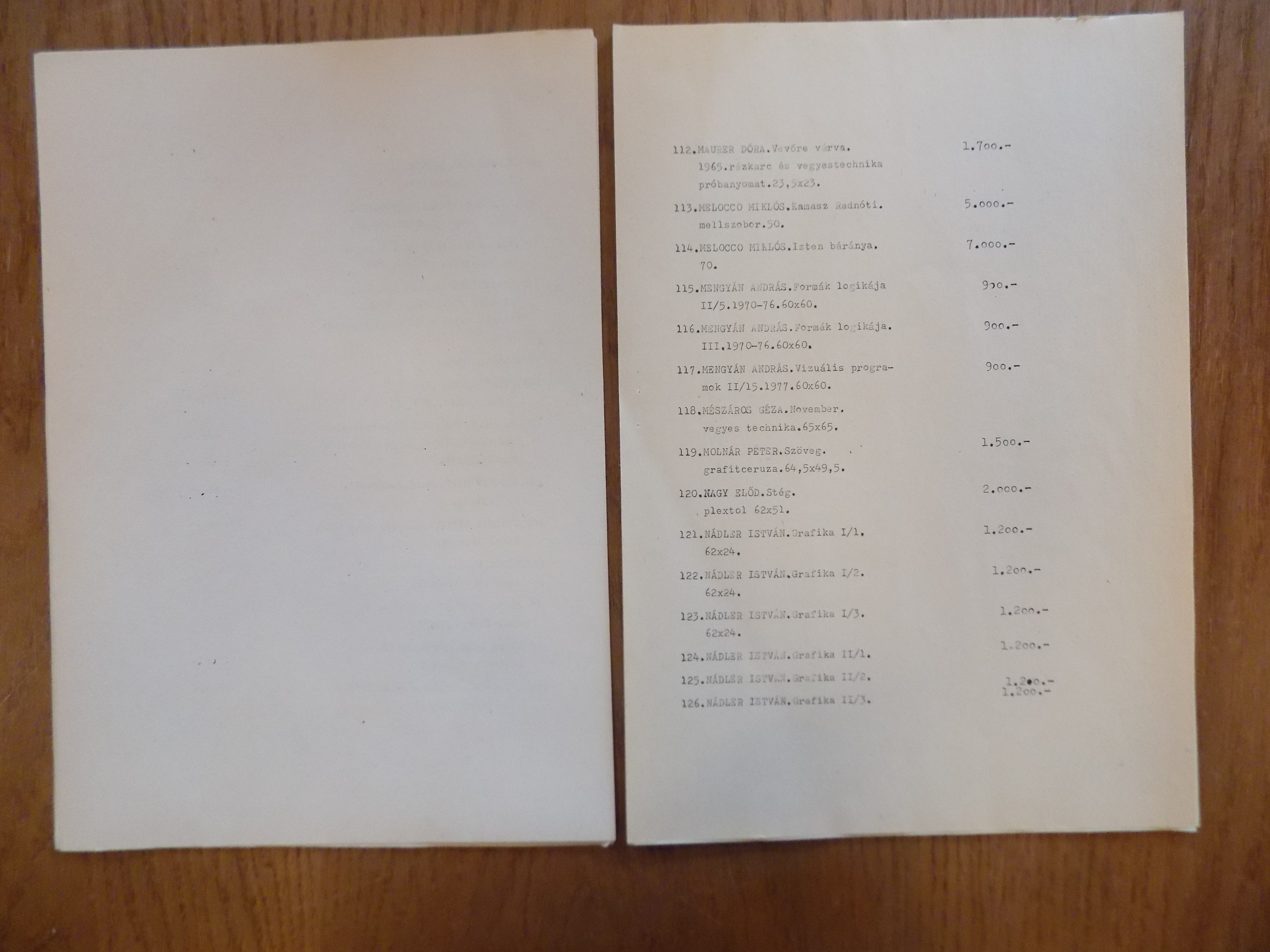 A page of SZETA's list of art objects for a charity auction, organised in Budapest late 1980.