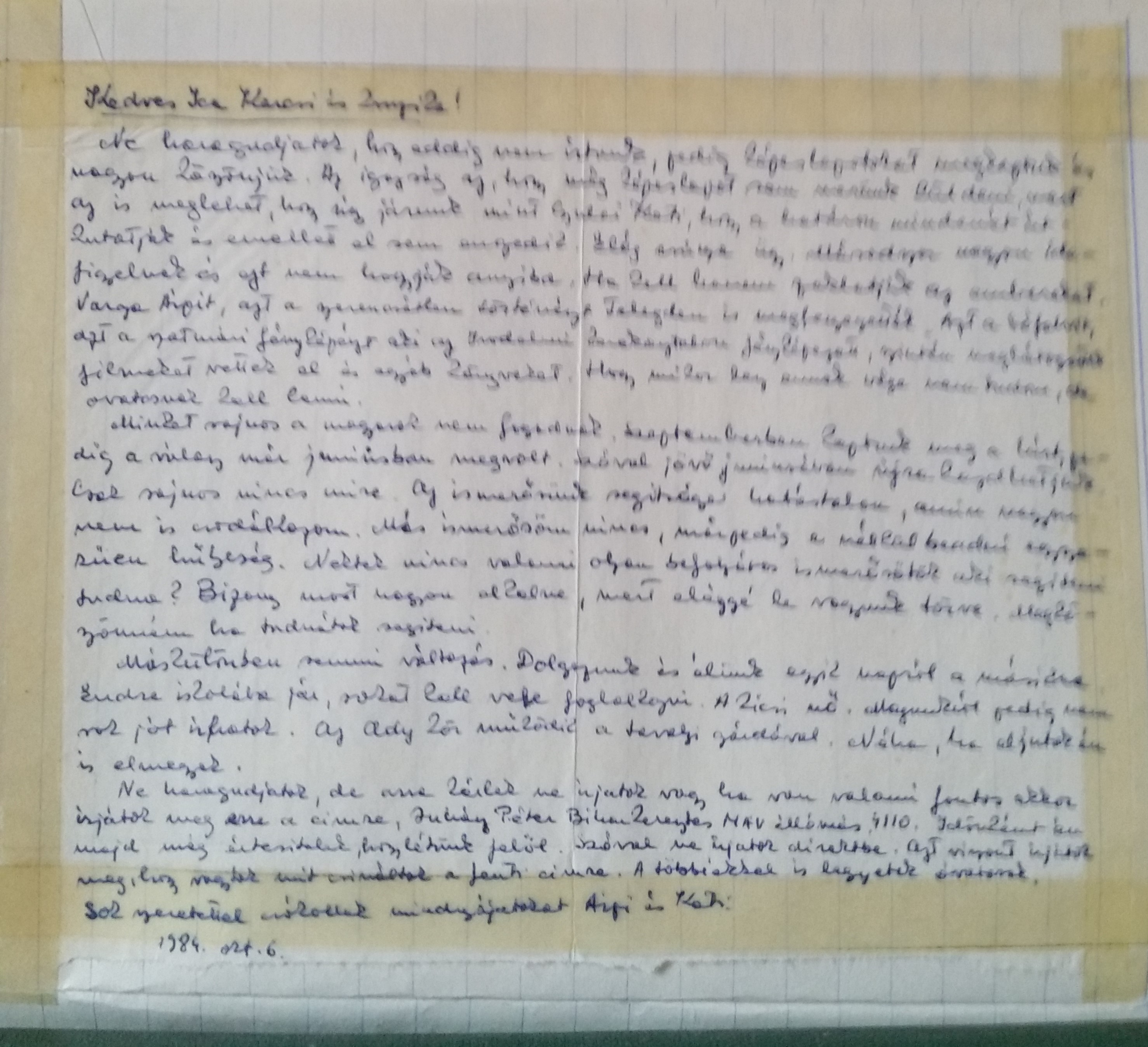 Scrisoare trecută ilegal frontiera româno-maghiară, 6 octombrie 1984