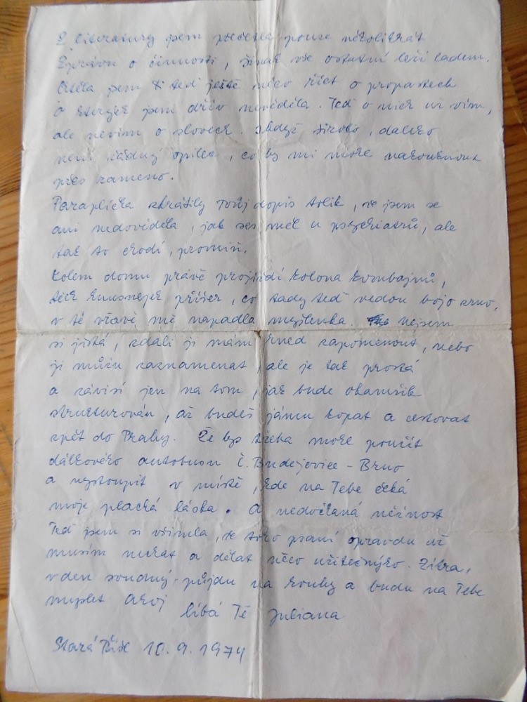 Letter of Juliana Stritzková (later Jirousová) to I. M. Jirous, 1974