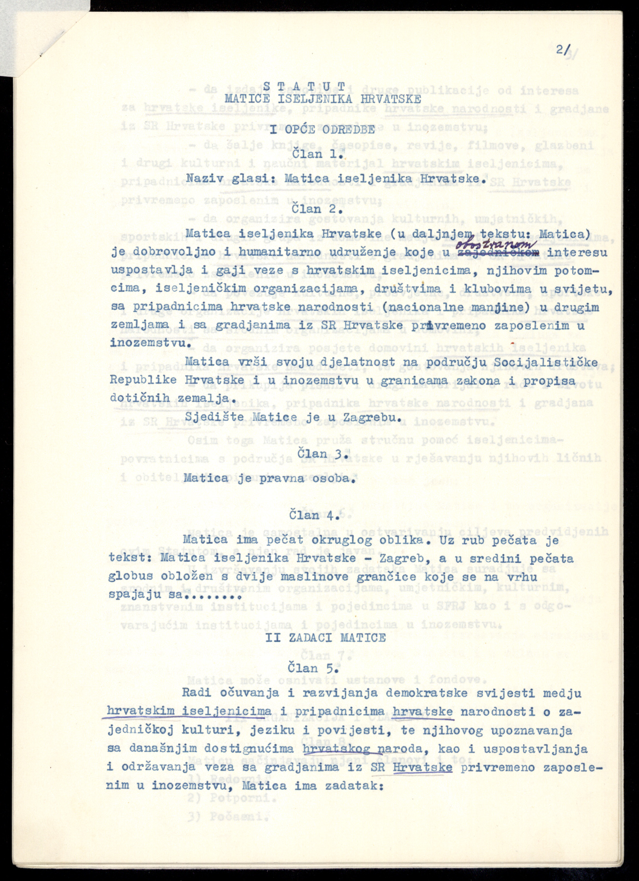 The Emigrant Foundation of Croatia Statute Draft, 1966