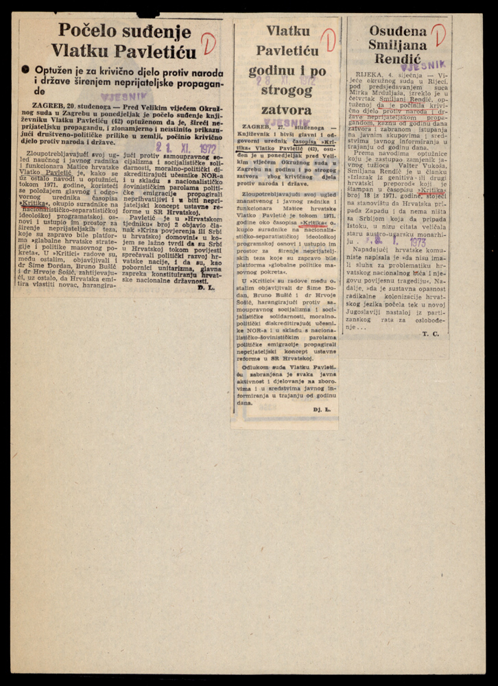 A newspaper reports on court proceedings for the offence against the people and the State by enemy propaganda, Vjesnik, 1972-1973. 