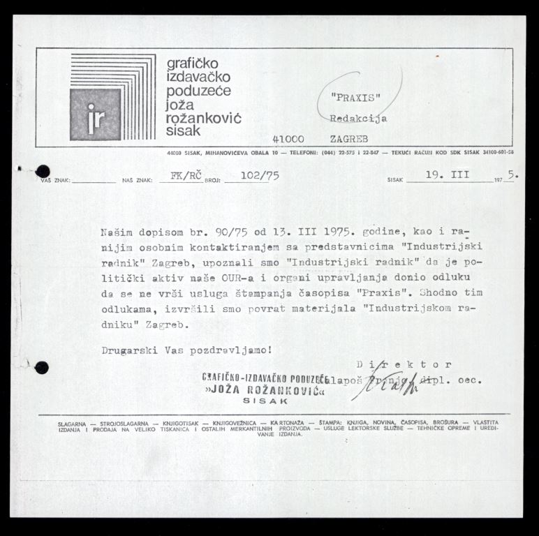 Letter from the Joža Rožanković printing press addressed to the Praxis editorial board notifying them of the cancellation of printing services, 19 March 1975