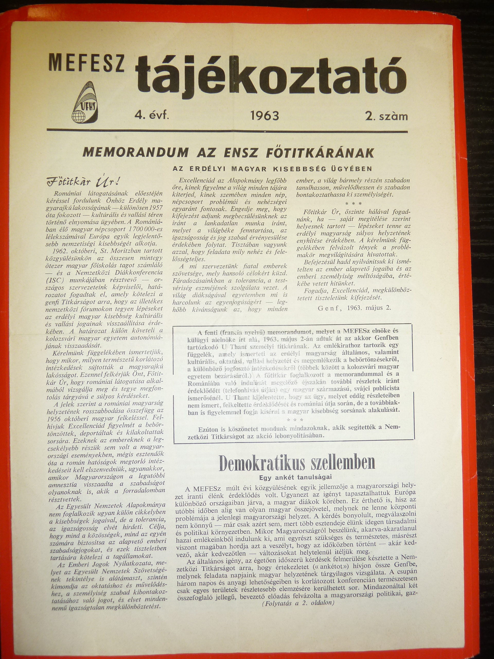 The front page of 'MEFESZ Tájékoztató' a Hungarian emigré students' paper, May 1963
