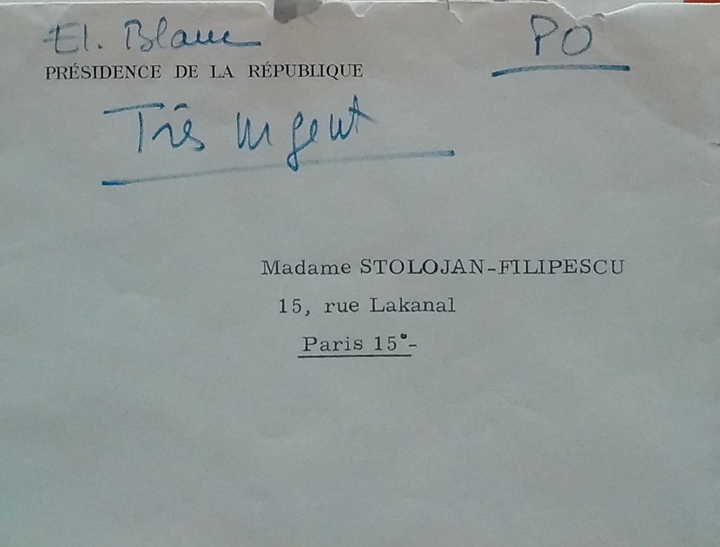 Envelope letter from the Cabinet of the French Foreign Minister to Sanda Stolojan, 9 May 1968
