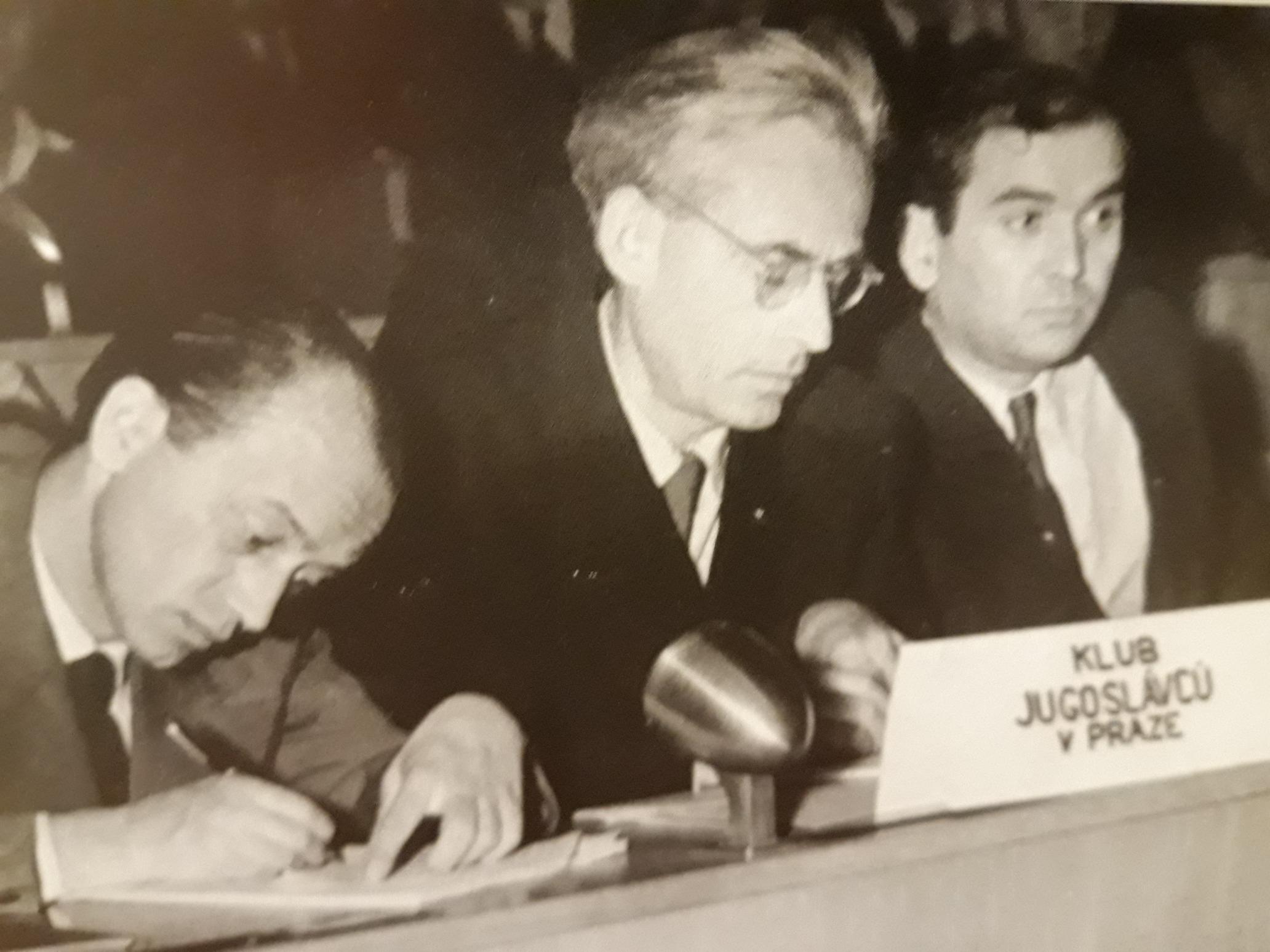 This illustration shows representatives of the Yugoslav Cominformist emigrant group in Czechoslovakia – Slobodan Ivanović, Teodor Balk and Milutin Rajković – at the Prague meeting of the Congress of Peace Defenders in April 1949.