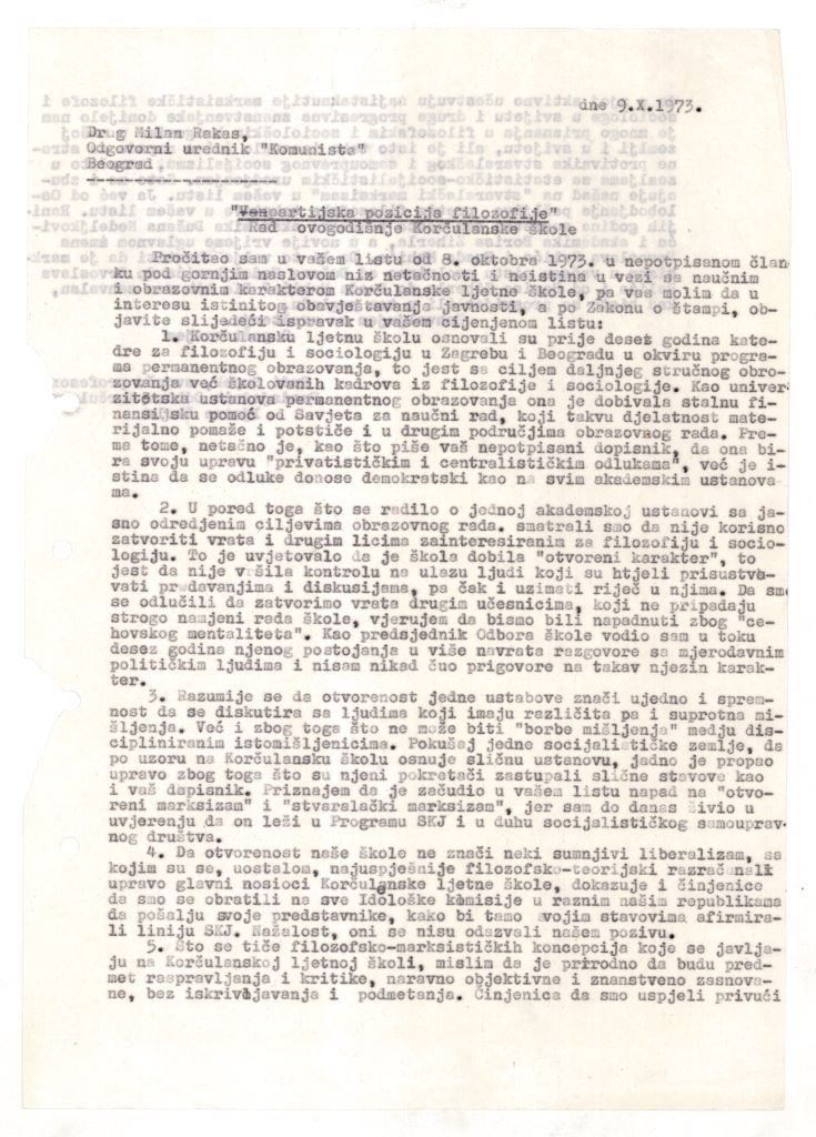 The first page of the letter from Rudi Supek to Komunist journal editor-in-chief Milan Rakas, 9 October 1973.