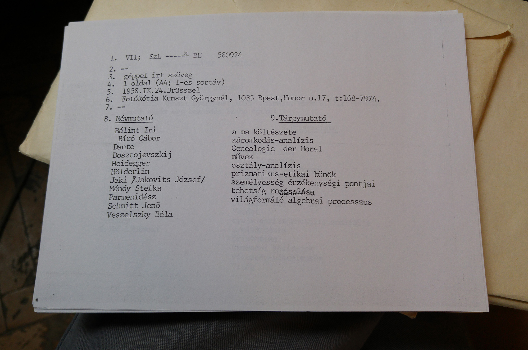Index of a typewritten text by Lajos Szabó from 1958, compiled by György Kunszt in 1992.