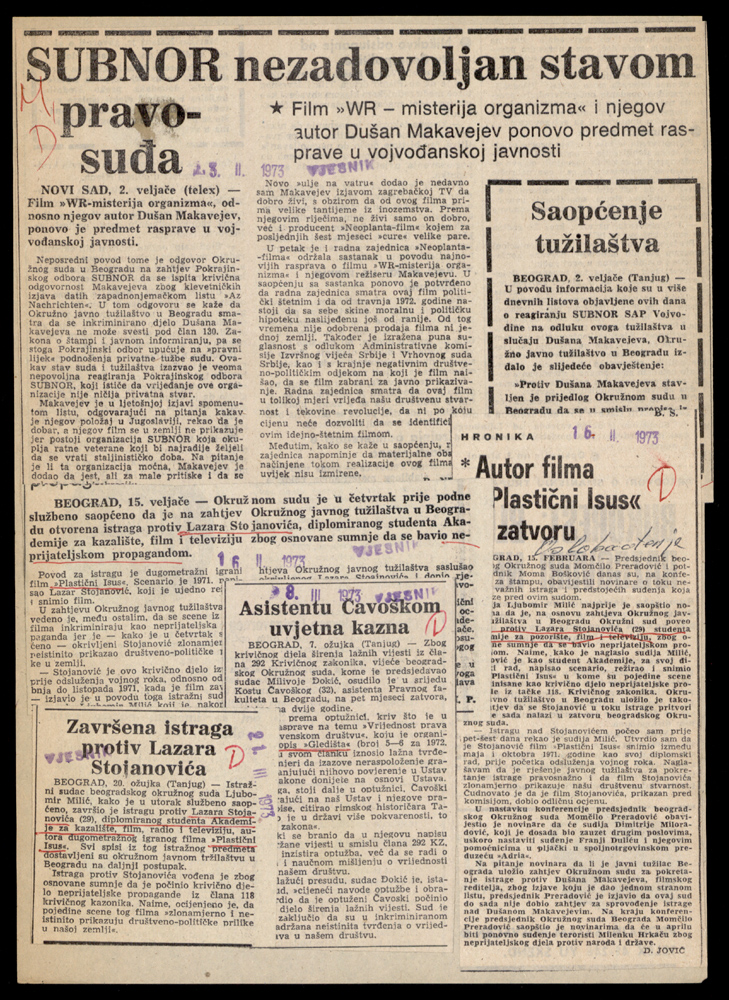 Newspaper reports on court proceedings for the offences of enemy propaganda, defamatory statements and dissemination of false news, Vjesnik and Oslobođenje, 1973.