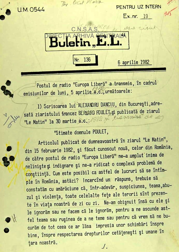Transcriere a scrisorii de la Nicolae Gheorghe (alias “Alexandru Danciu”) către  Le Matin, 30 martie 1982, citită în timpul unei emisiuni la Radio Europa Liberă
