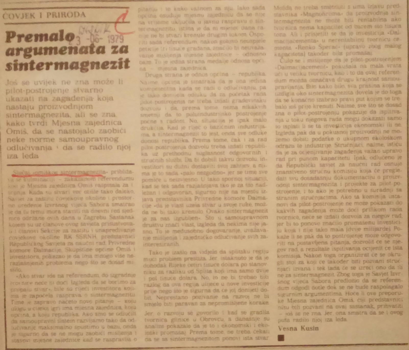 Kusin, Vesna. Too few good reasons for sintered magnesia [Premalo argumenata za sintermagnezit], Vjesnik, 23. June 1979. Press clipping