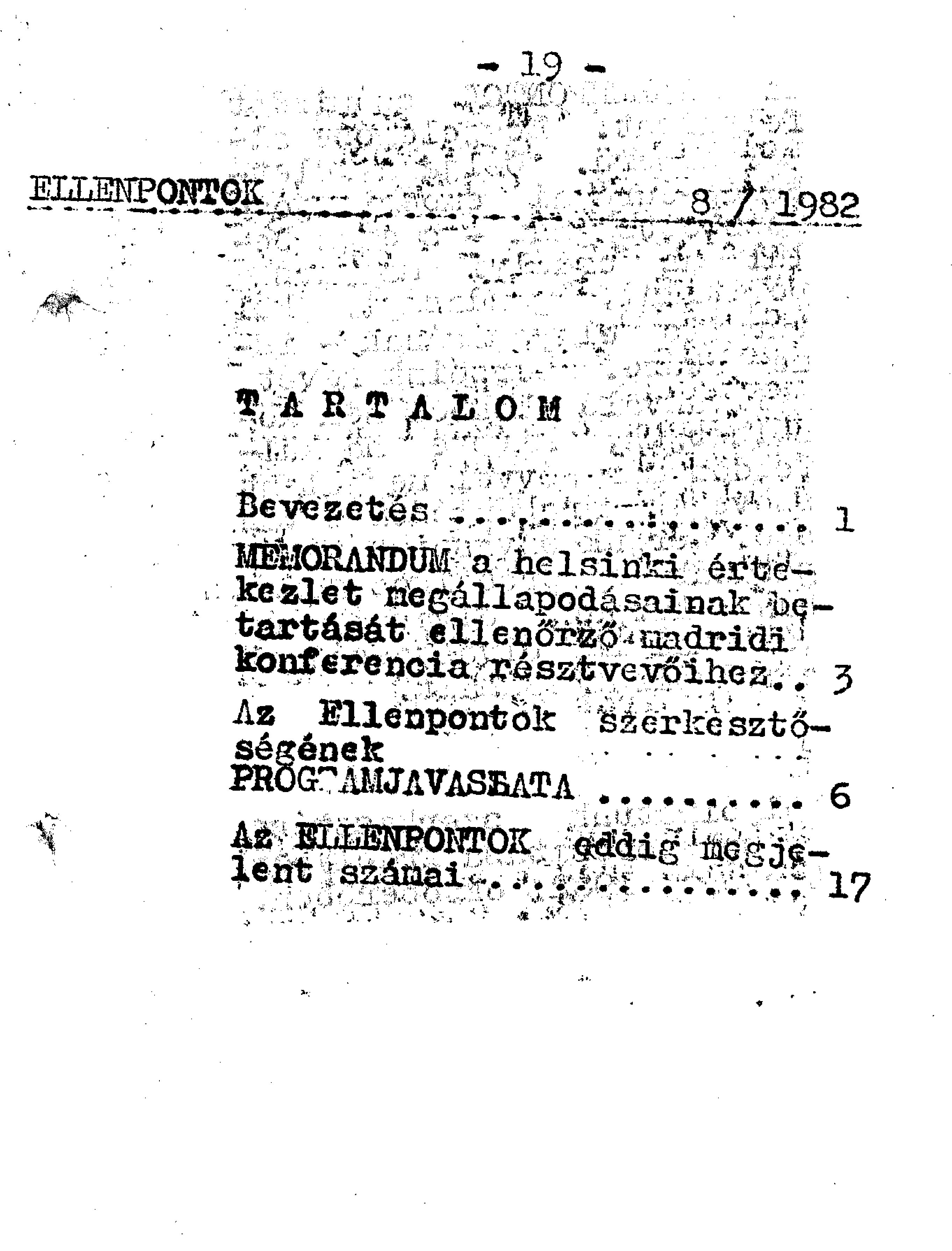 Az Ellenpontok 1982. októberi 8. számának tartalomjegyzéke