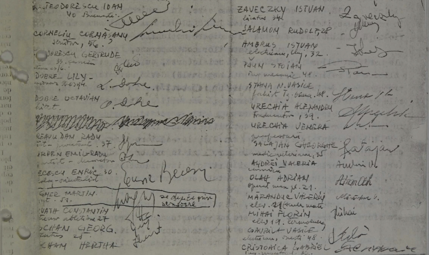 Fragment din lista de semnături pentru susținerea scrisoarii de protest contra violării drepturilor omului în România, 1977