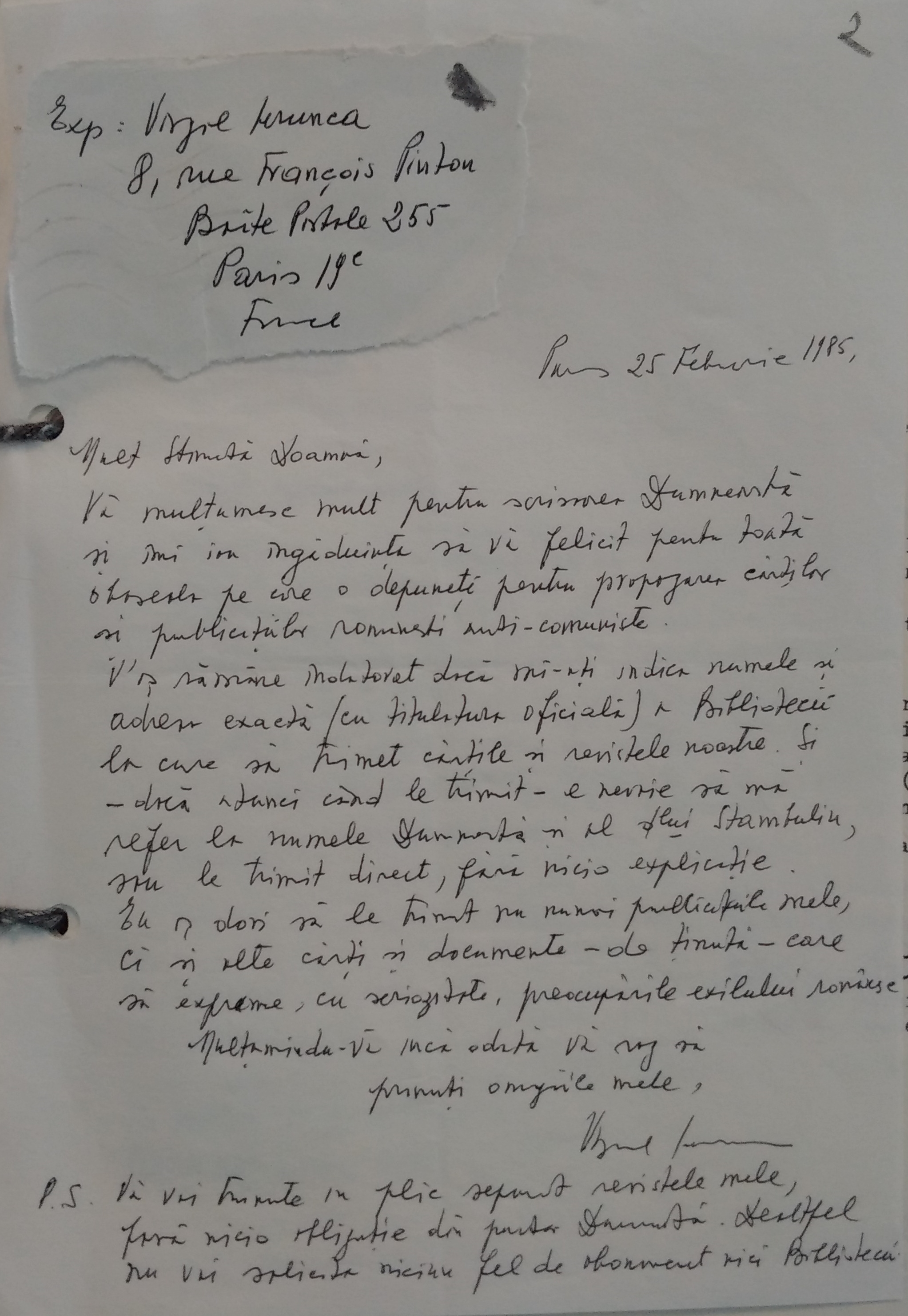 Scrisoare de la Virgil Ierunca pentru Sanda Budiș, 25 februarie 1985