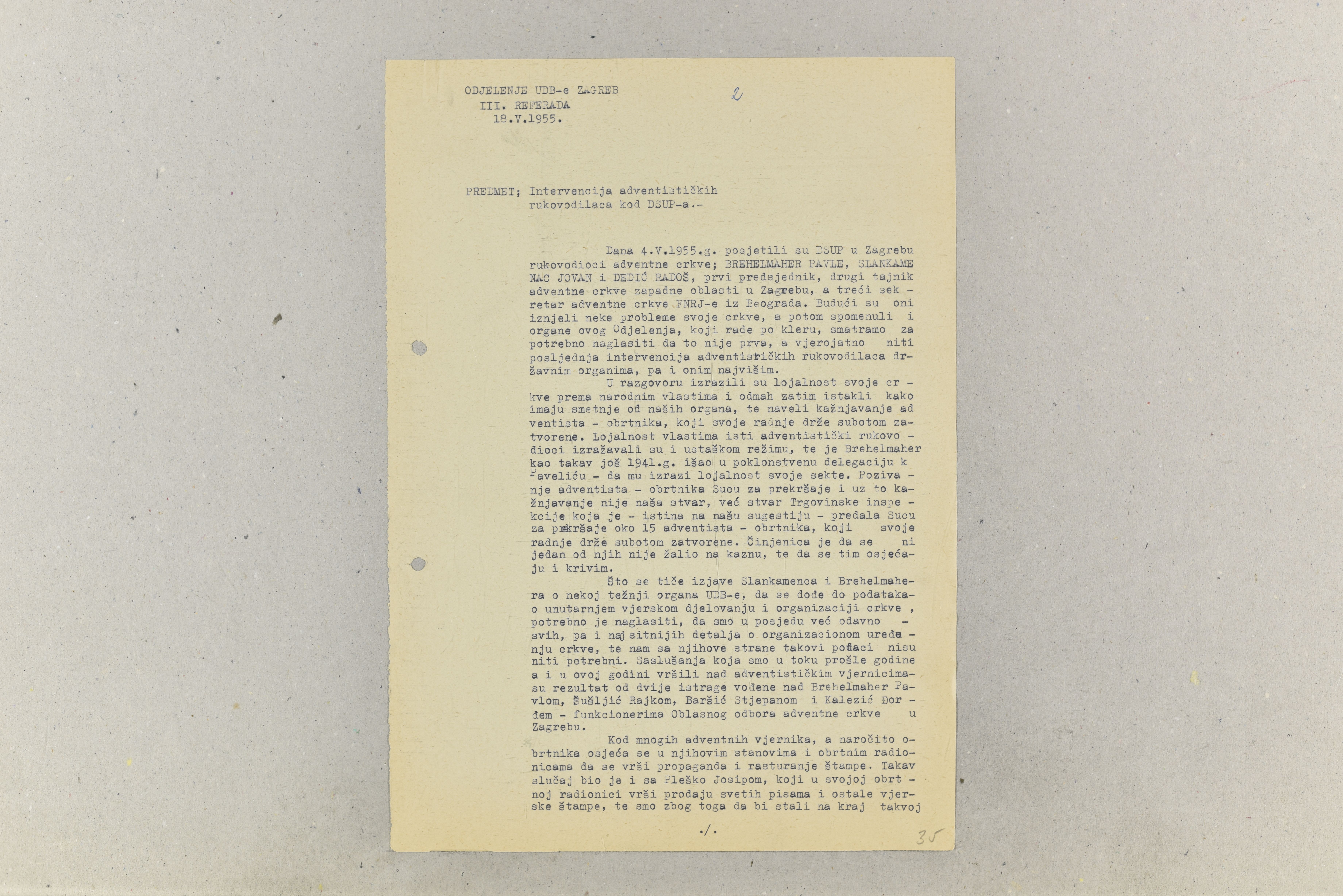 Informacija Odjeljenja UDB-e Zagreb o pritužbi predstavnika Kršćanske adventističke crkve Državnom sekretarijatu za unutrašnje poslove NRH od 18. svibnja 1955. godine.
