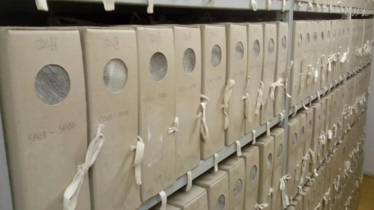 Boxes with the collection documents in the repository of the Croatian State Archives in Zagreb (2017-04-07).