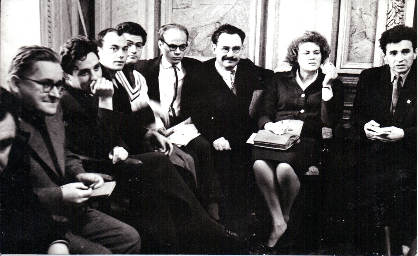 Ivan Dziuba,..., Mykola Vinhranovsky,..., Ivan Drach, Ivan Svitlychny, Lina Kostenko, Yevhen Sverstiuk at the Ukrainian Writers Union, 1960s. 