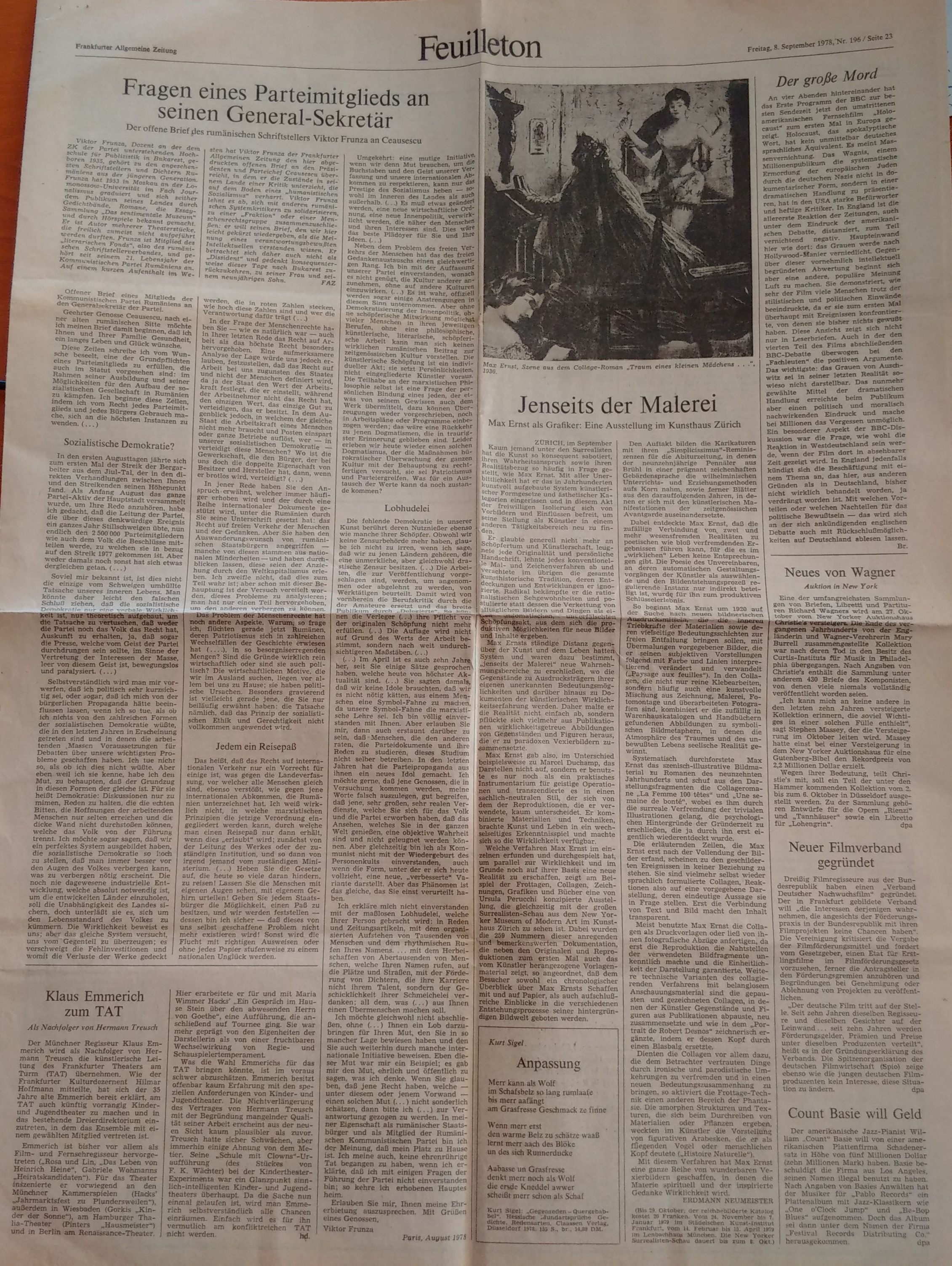 Article in FAZ about Victor Frunză's letter to Ceaușescu