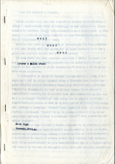 Šore, Grgo. Goli Goli Goli – The Truth about Goli otok, 1983. Manuscript