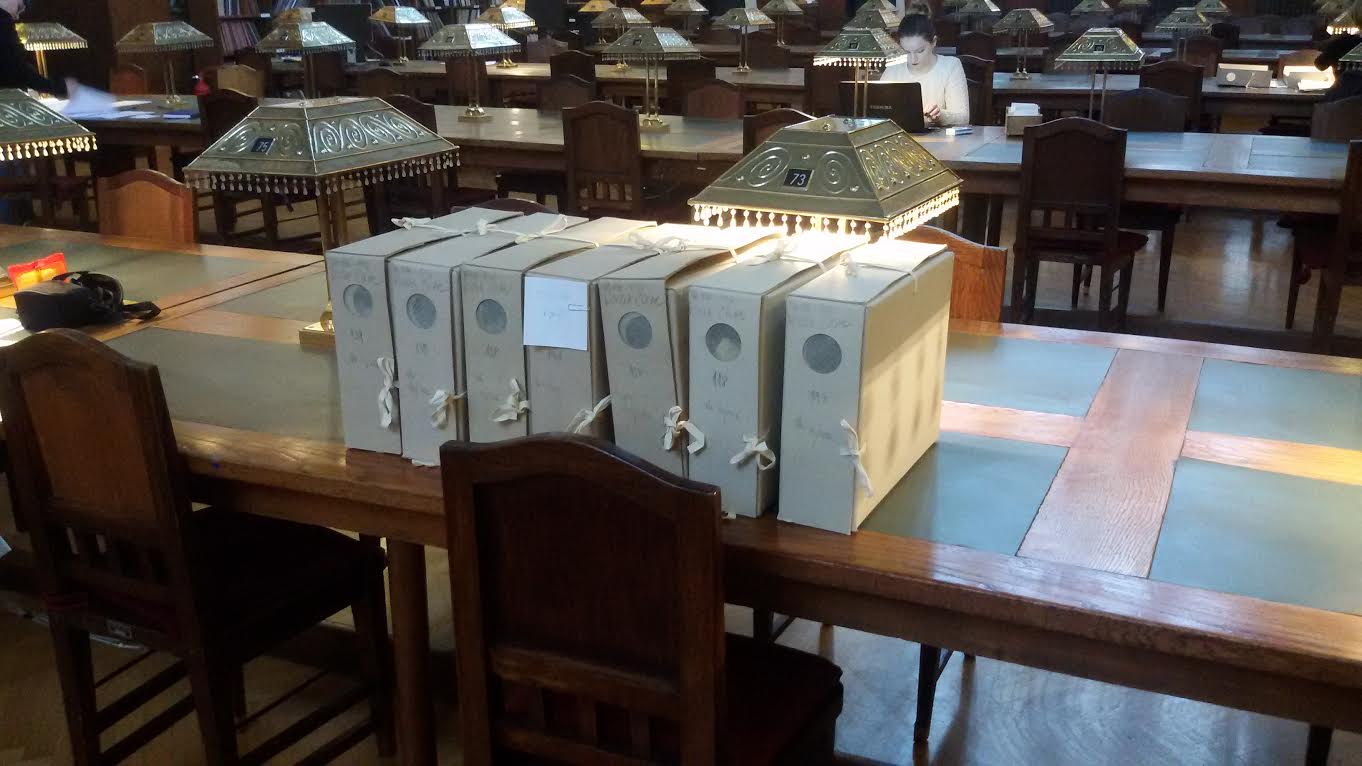 Some archival boxes from Nikola Čolak Collection in the Great Reading Room of the Croatian State Archives ( 2016-03-02 )