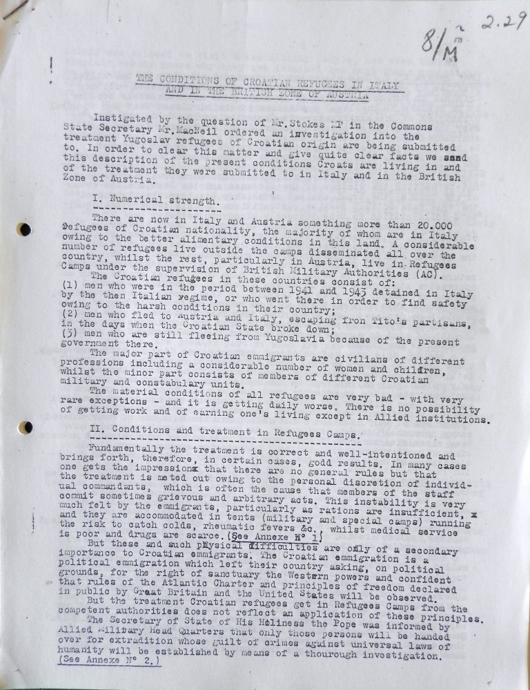 The first page of the report The Conditions od Croatian Refugees in Italy and the British Zone in Austria, 1946.