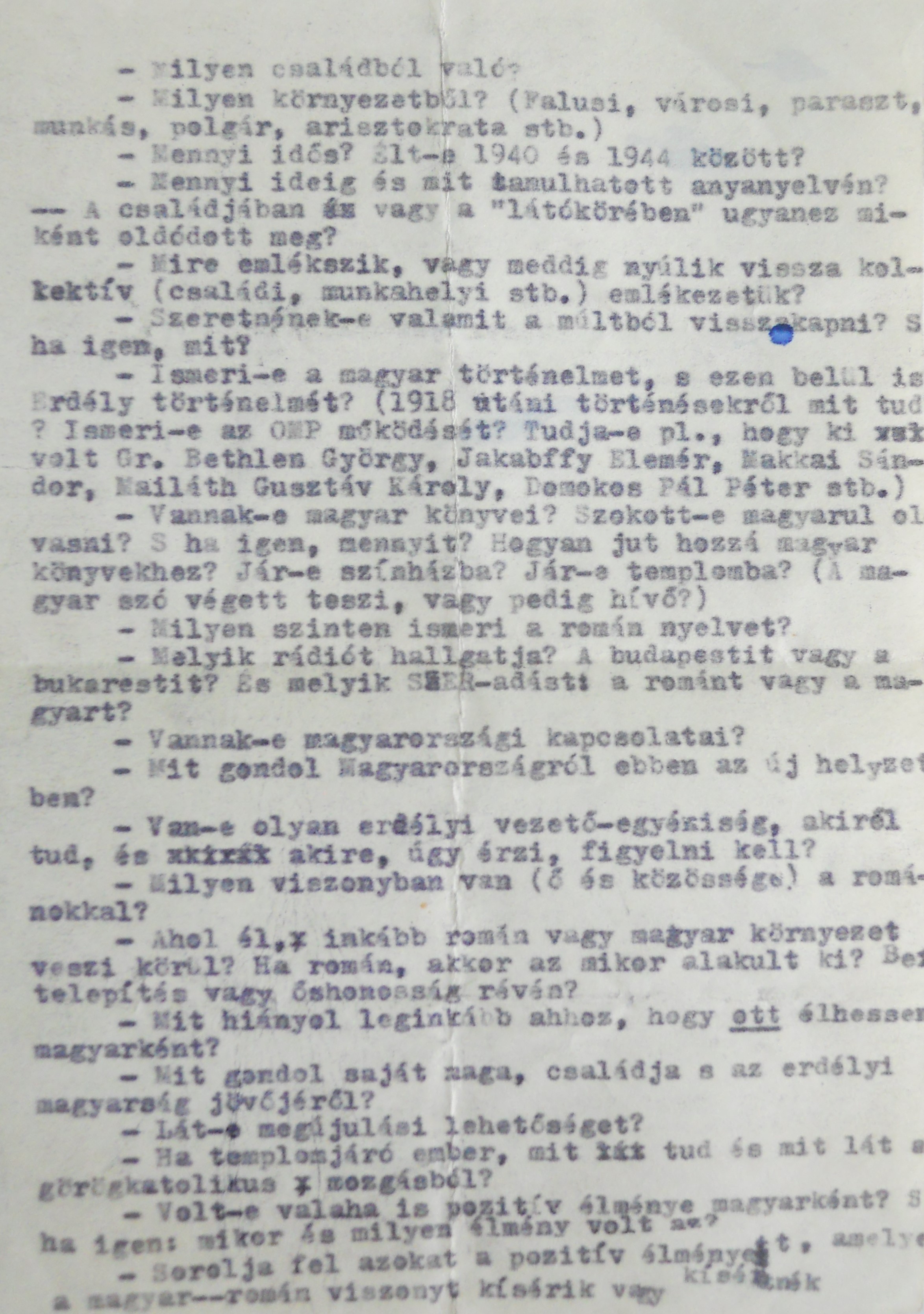 Manuscript of the 'Questionnaire' from Éva Cseke-Gyimesi Collection